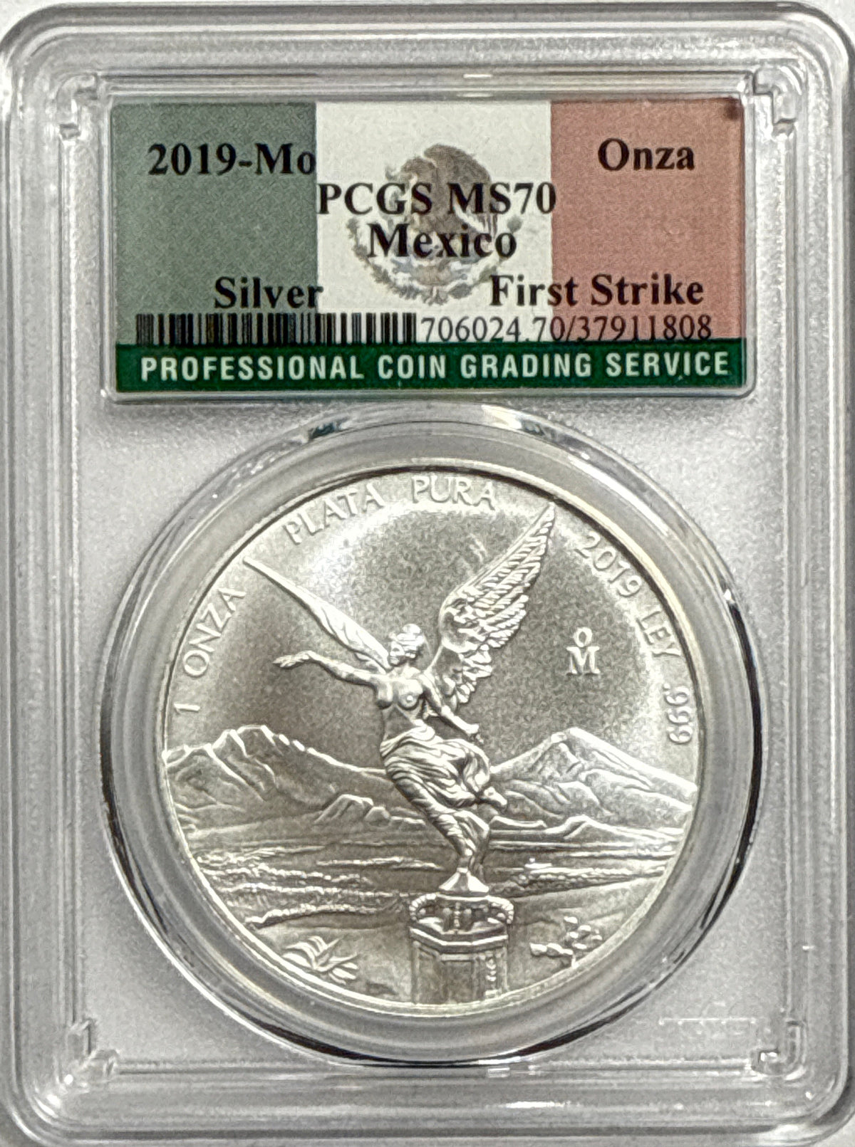 2019-Mo Mexico Silver Libertad 1 Onza PCGS FS MS70 Flag Top Label