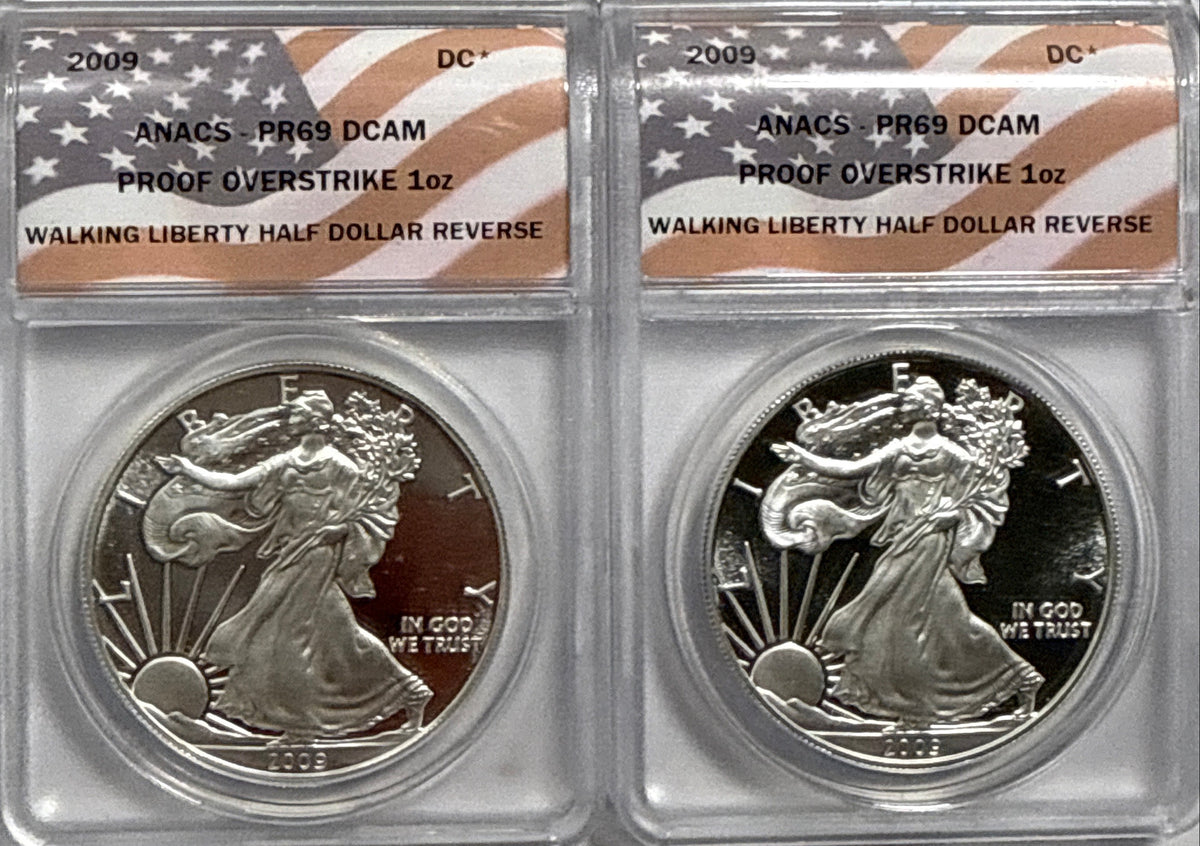 2009 American Silver Eagle ANACS $1 Silver Walking Liberty Half Dollar Reverse PR69 DCAM Proof Overstrike 1oz 2-Coin Box Set