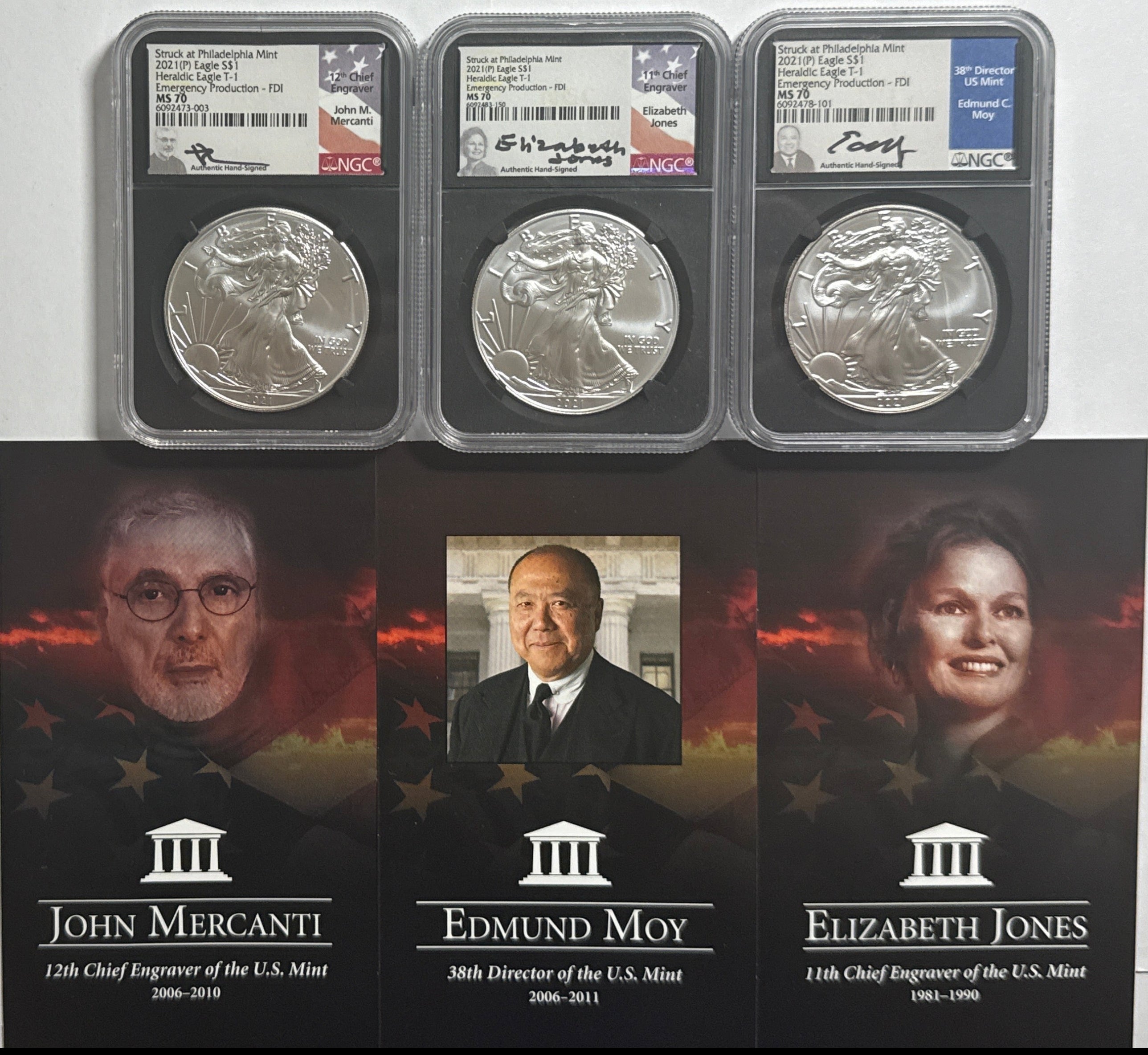 2021 (P) American Heraldic Silver Eagle T-1 Emergency Production 3-Coin Box Set NGC FDOI MS70 Mercanti/Jones/Moy