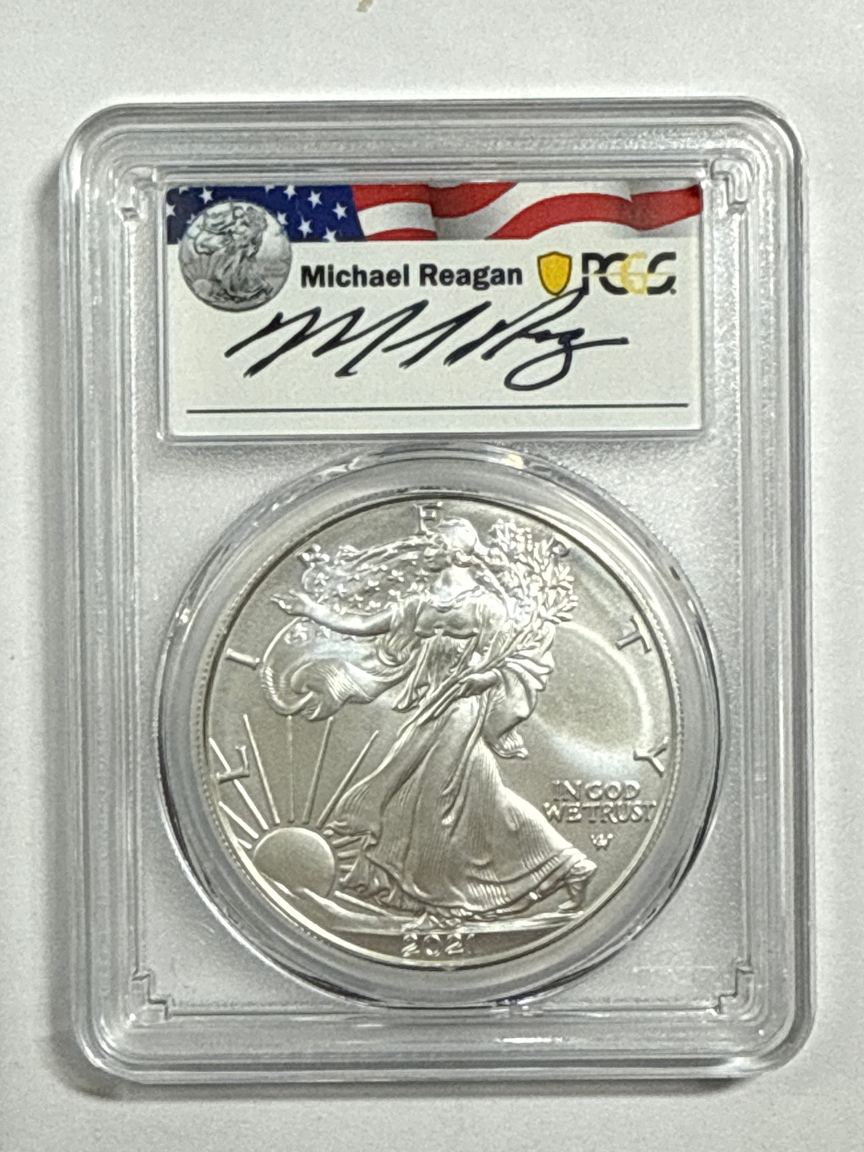 2021-W Burnished SAmerican Silver Eagle PCGS SP70 FDOI Reagan Legacy Series Michael Reagan