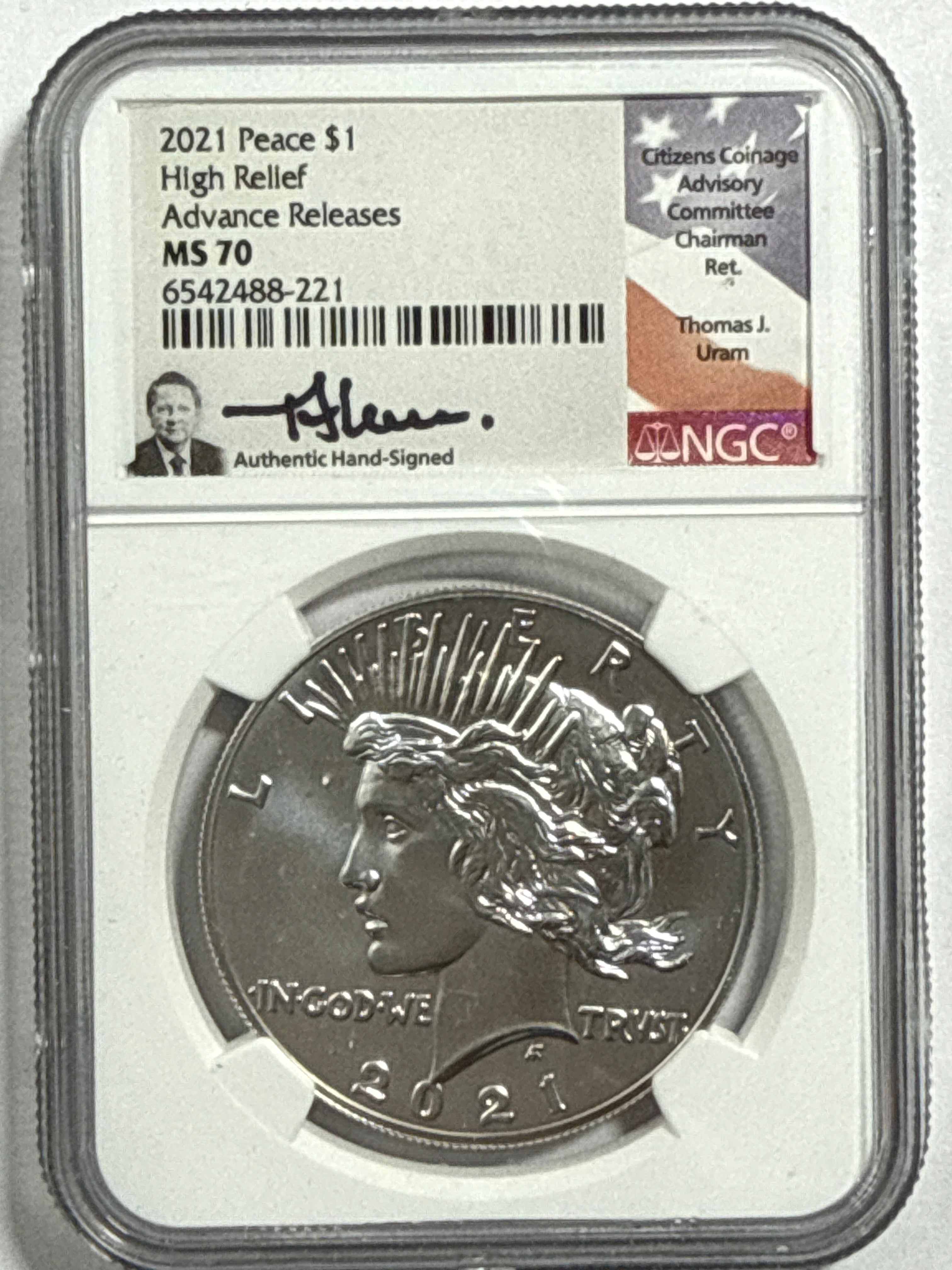 2021-CC/D/O/P/S Morgan/Peace Silver Dollar 6 piece set NGC MS70 Advance Release Thomas Uram Hand Signed