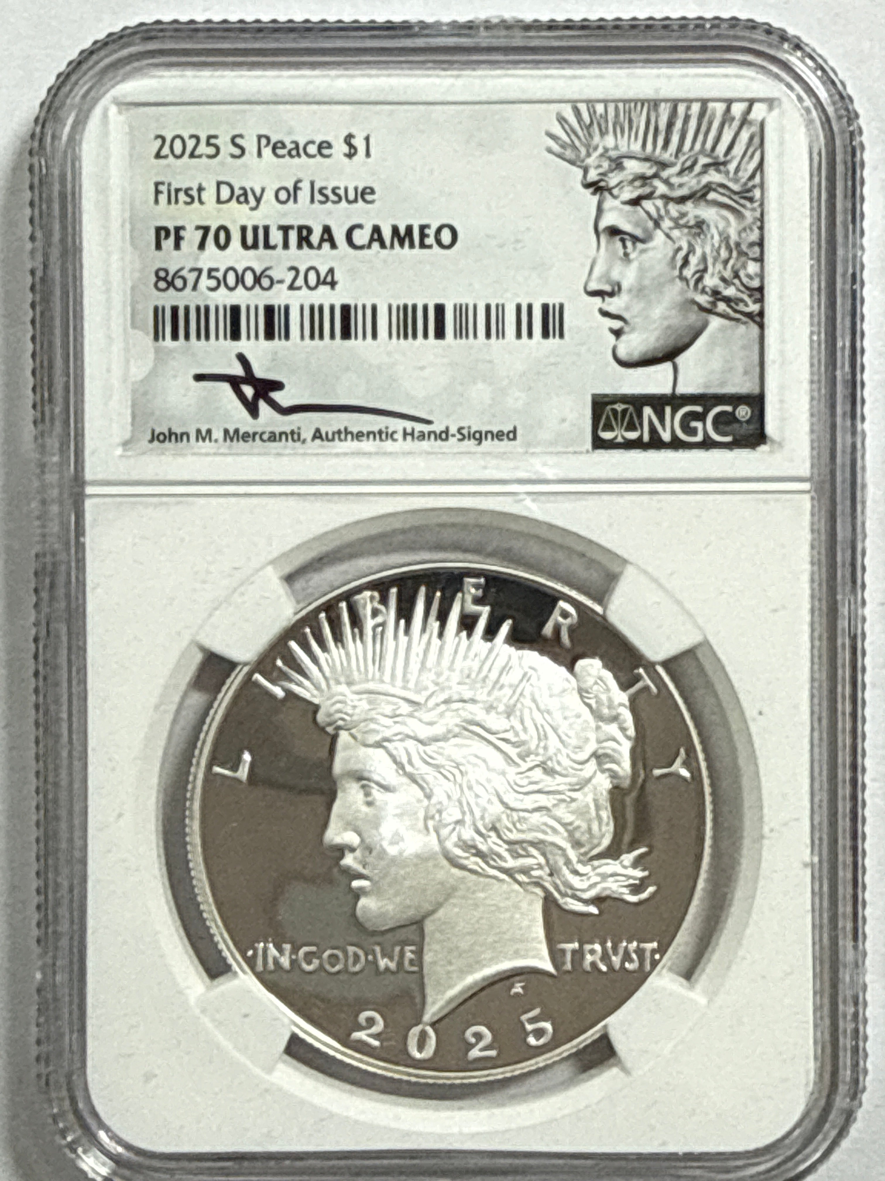 2025-P/S Morgan/Peace Silver Dollar 4 Piece Set NGC FDOI MS70/PF70 UCAM John Mercanti Hand Signed