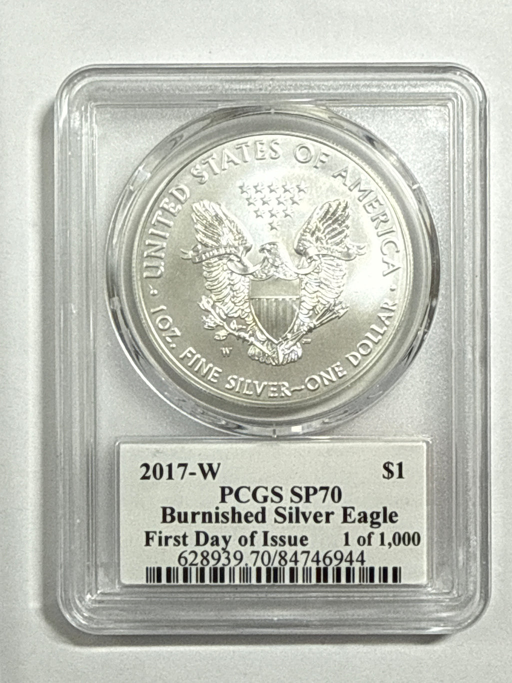 2017-W Burnished American Silver Eagle PCGS SP70 FDOI Trump Label