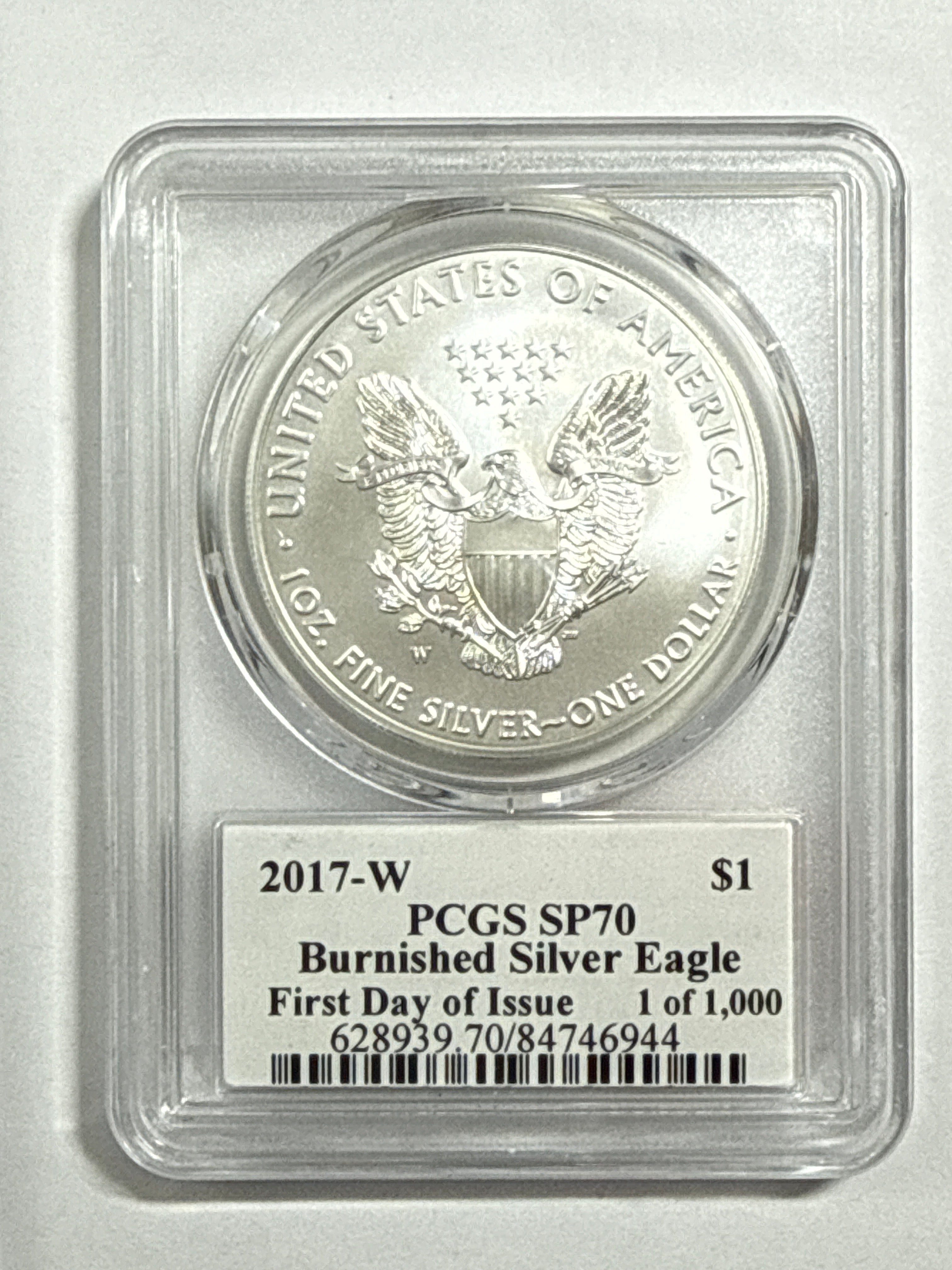 2017-W Burnished American Silver Eagle PCGS SP70 FDOI Trump Label