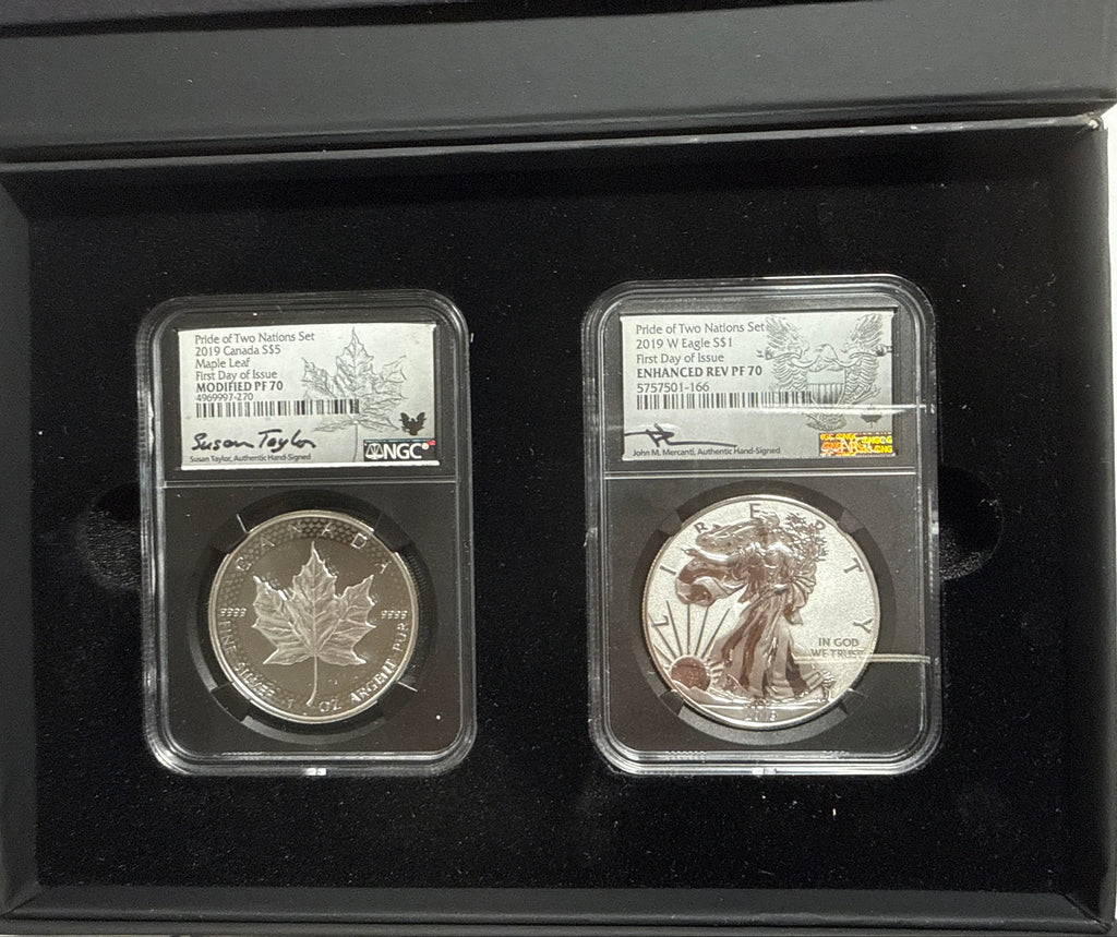 2019 Pride of Two Nations Set Canada $5 Maple Leaf -Canada 2 Coin Box Set with CoA NGC FDI Modified PF70 Susan Taylor. 2019-W Pride of Two Nations American Silver Eagle $1 Canada 2 Coin Box Set FDI Enhanced Rev PF70 John Mercanti.