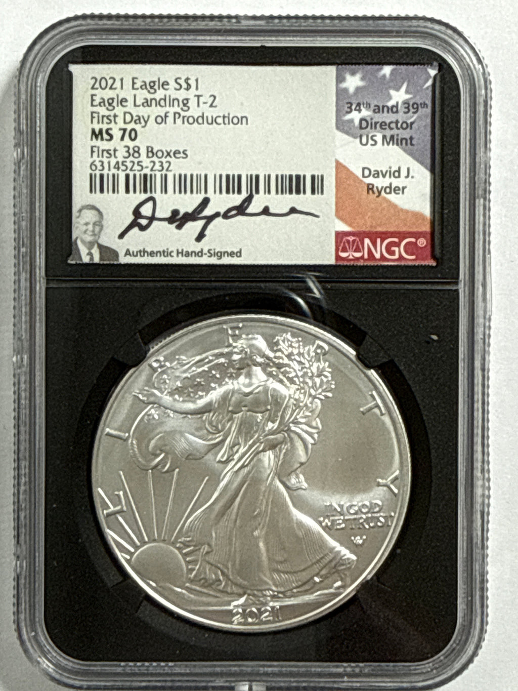 2021 American Silver Eagle 3 Piece Set T-2 NGC MS70 First Day of Production First 38 Boxes Gaudioso/Ryder/Damstra