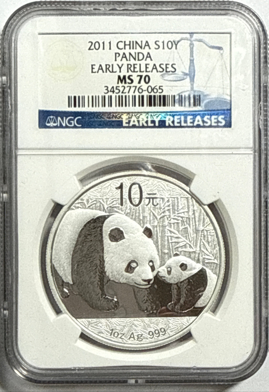 2011 China Silver Panda 10 Yuan NGC Early Release MS70