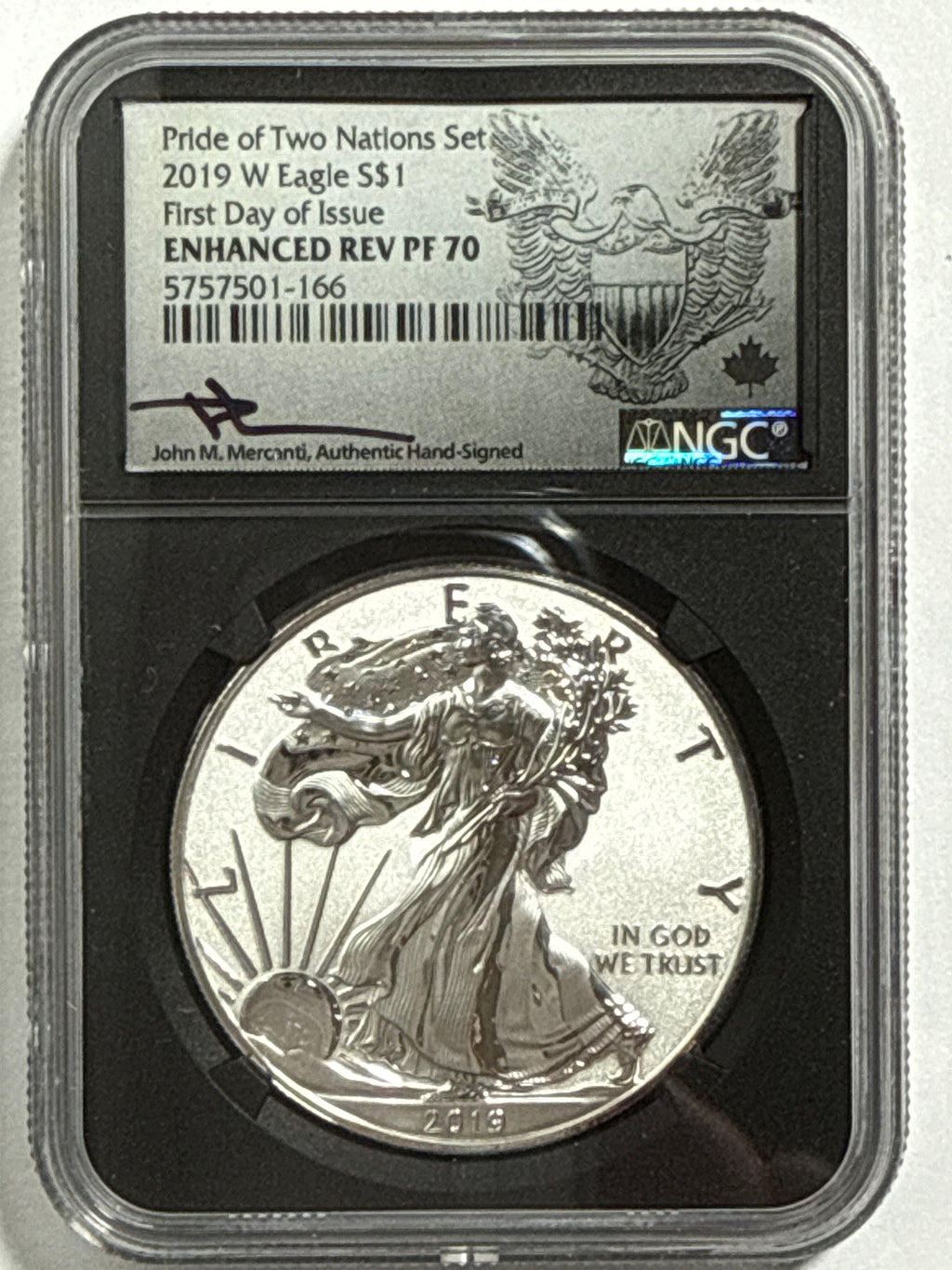2019 Pride of Two Nations Set Canada $5 Maple Leaf -Canada 2 Coin Box Set with CoA NGC FDI Modified PF70 Susan Taylor. 2019-W Pride of Two Nations American Silver Eagle $1 Canada 2 Coin Box Set FDI Enhanced Rev PF70 John Mercanti.