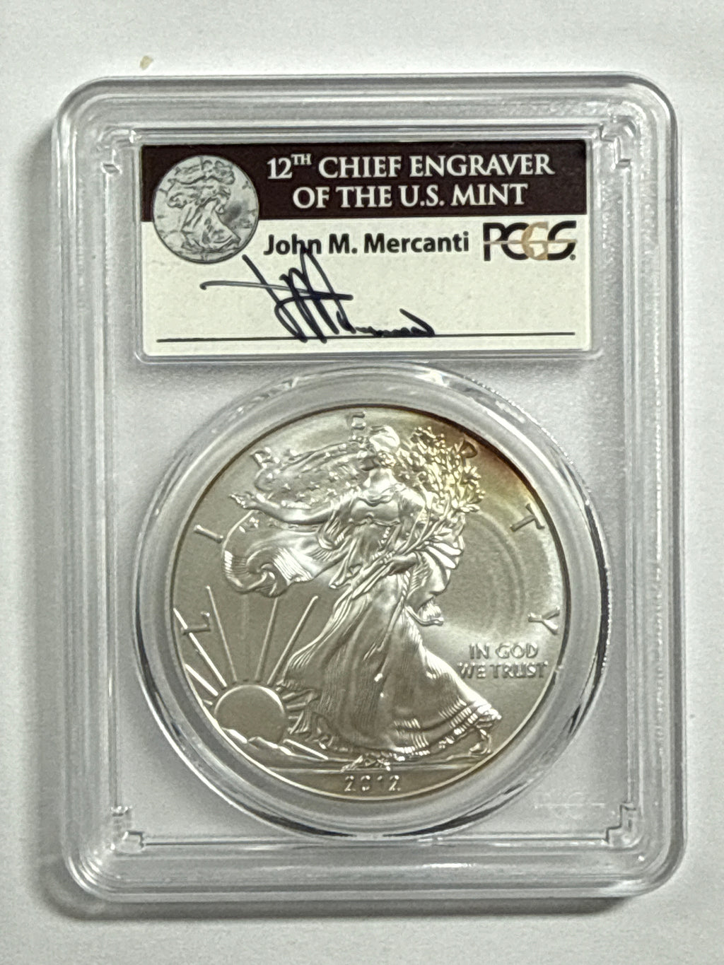 2012-W Burnished American Silver Eagle PCGS SP70 First Strike John Mercanti Hand Signed Mint Engraver Series Label
