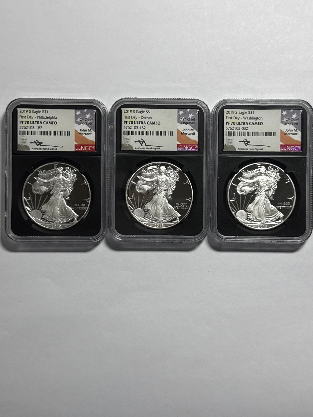 2019-S Ameican Silver Eagle 3 Piece Set NGC PF70 UCAM First Day - Denver/Philadelphia/Washington John Mercanti Hand Signed
