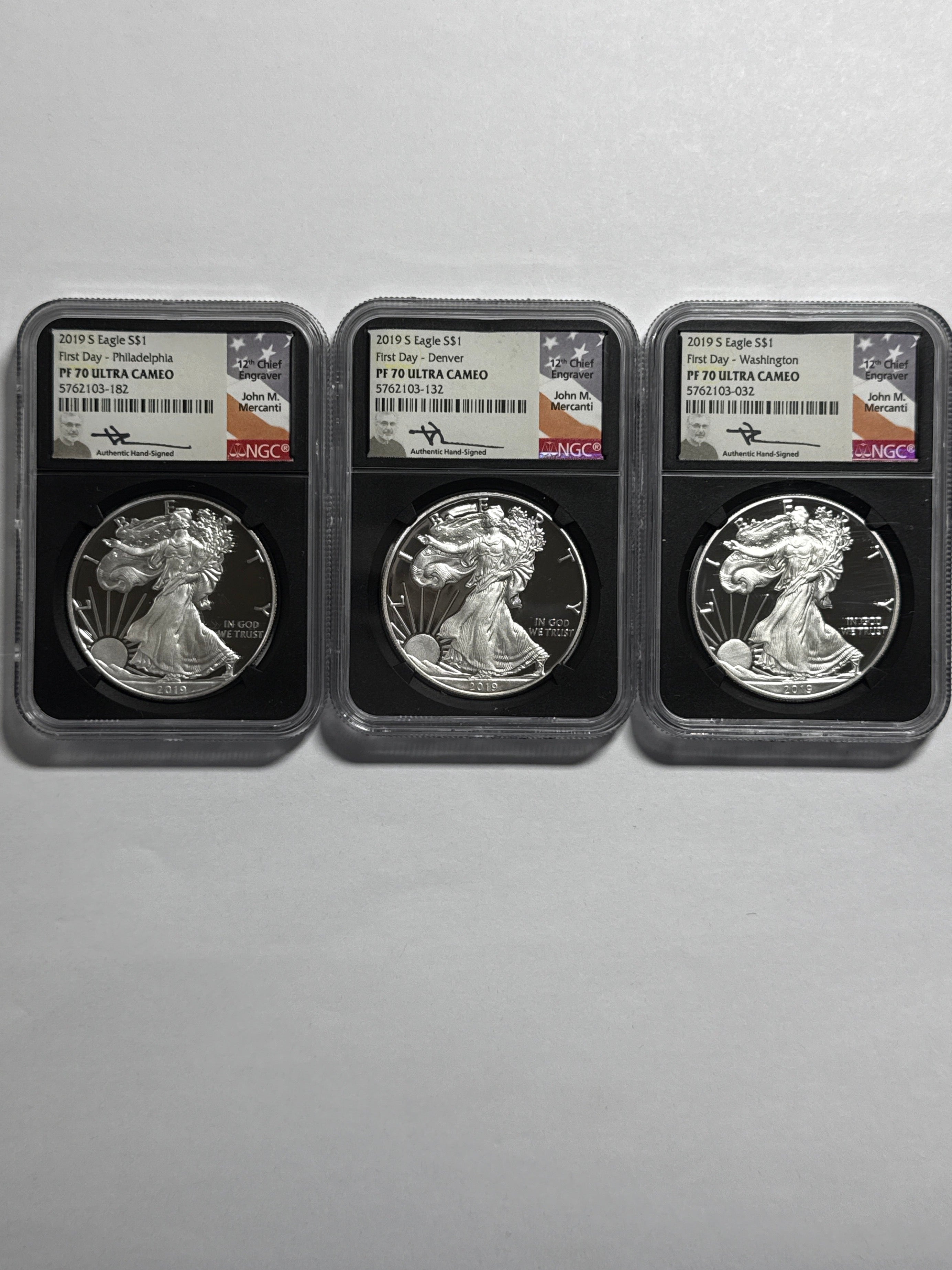 2019-S Ameican Silver Eagle 3 Piece Set NGC PF70 UCAM First Day - Denver/Philadelphia/Washington John Mercanti Hand Signed
