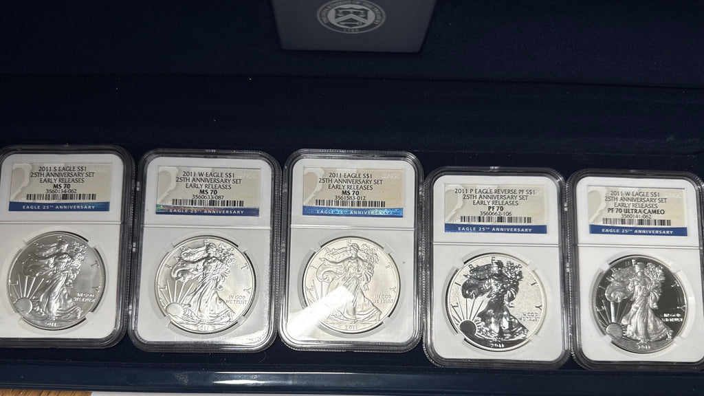 2011  Silver Eagles NGC 5 Piece-25th Anniversary Set -  MS/PF70/PF70-UCAM Early Releases  with Display Box