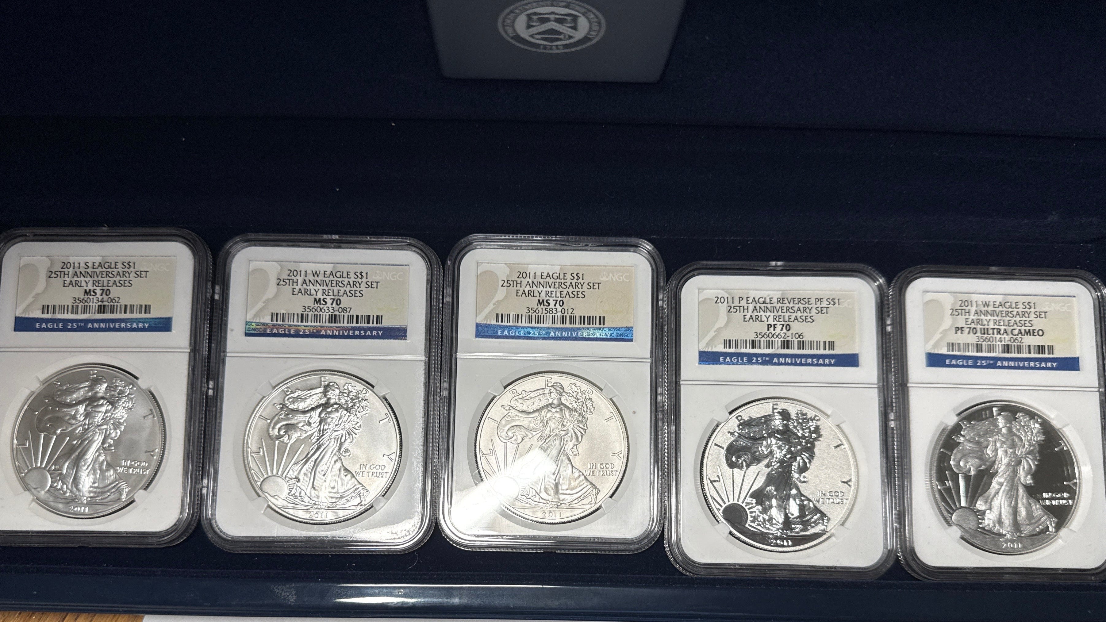 2011  Silver Eagles NGC 5 Piece-25th Anniversary Set -  MS/PF70/PF70-UCAM Early Releases  with Display Box