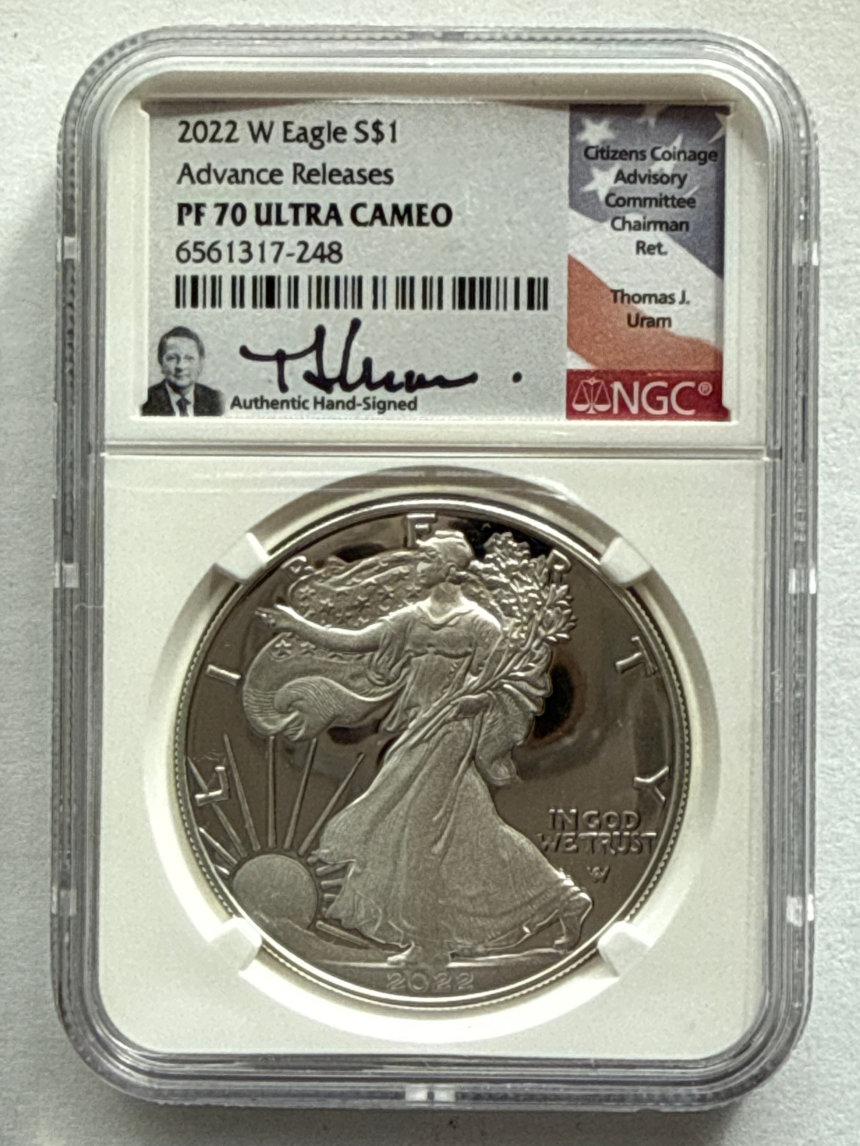 2022-W American Silver Eagle NGC PR70 UCAM Advance Release FL T. Uram