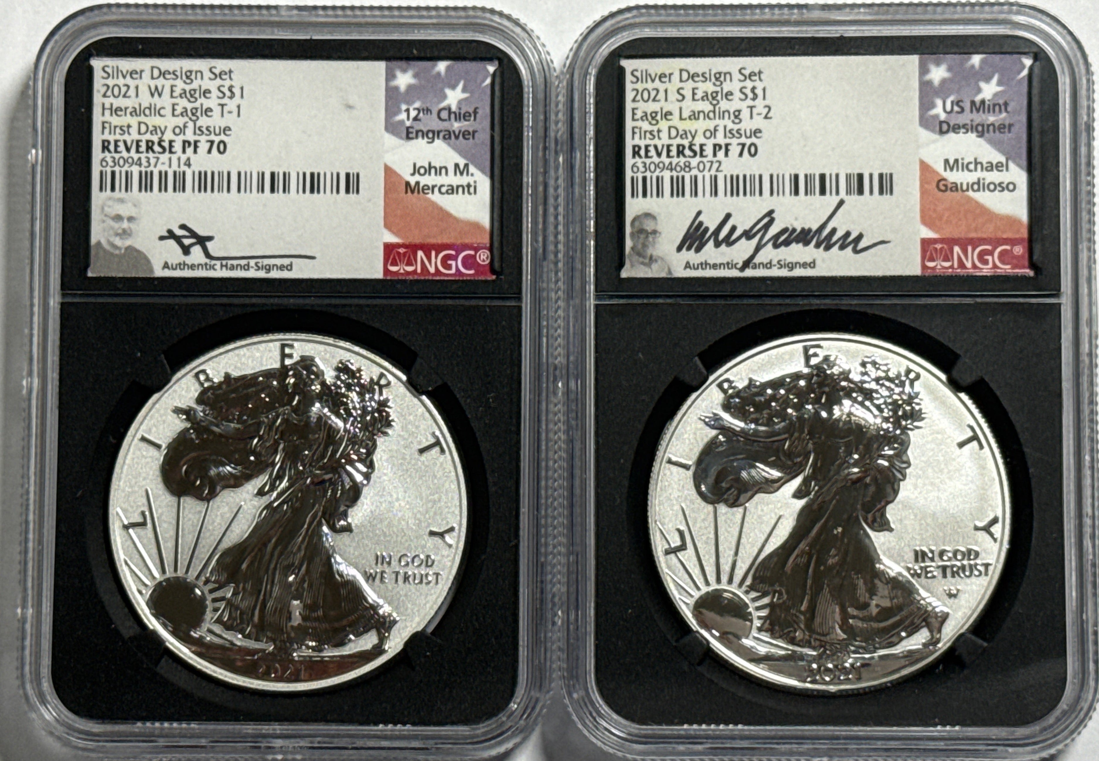 2021-W American Silver Eagle T-1/T-2 2 Coin Set Silver Design Set NGC First Release Reverse PF70 FL Mercanti/Gaudioso