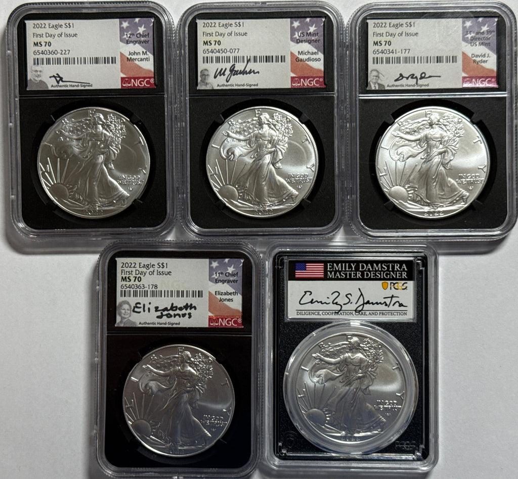 2022 American Silver Eagle 5-Coin Box Set NGC MS70 FDOI FL Mercanti/Gaudioso/Ryder/jones/Damstra