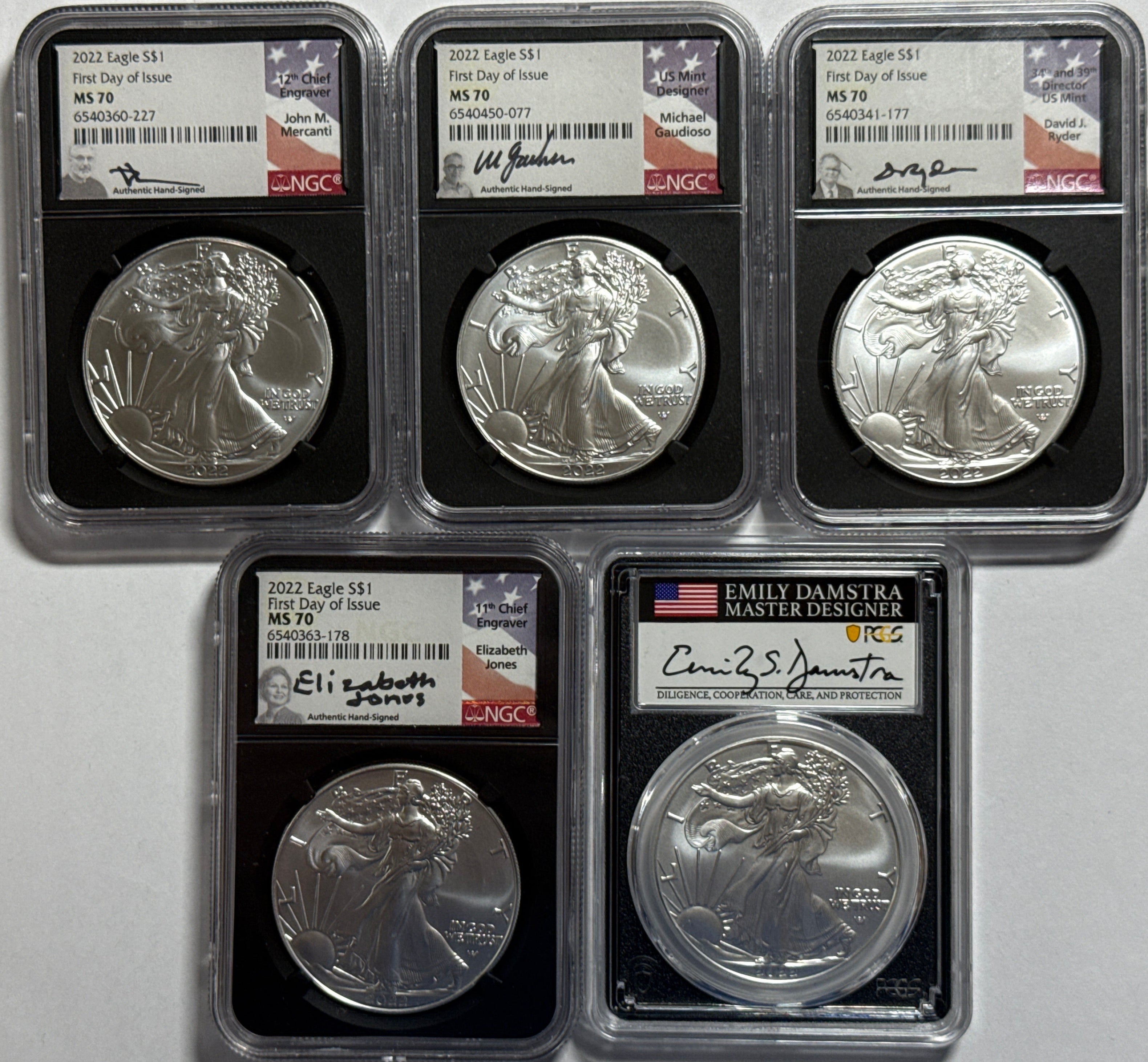 2022 American Silver Eagle 5 Coin Set NGC MS70 FDOI FL Mercanti/Gaudioso/Ryder/jones/Damstra