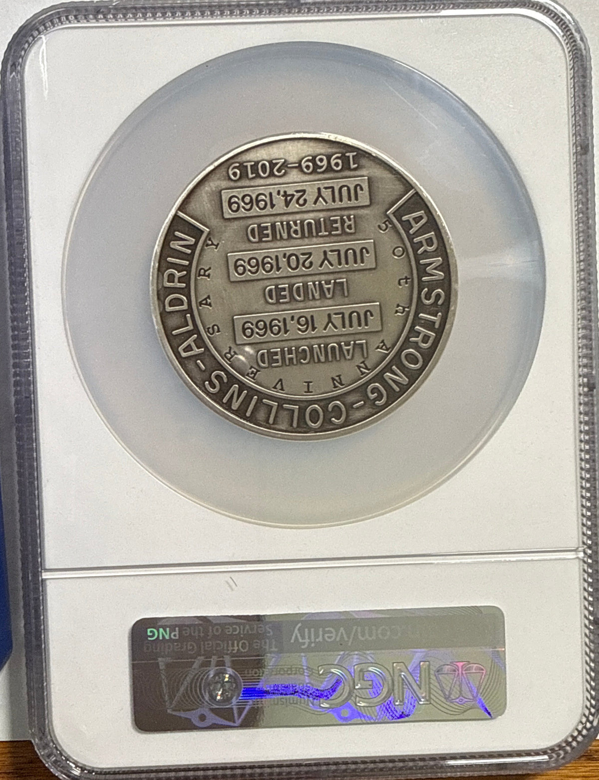 Vintage Vault: 2019 Apollo 11 50th Anniversary Robins Metal Restrike-5 oz Silver Contains Space Flown Material NGC MS70