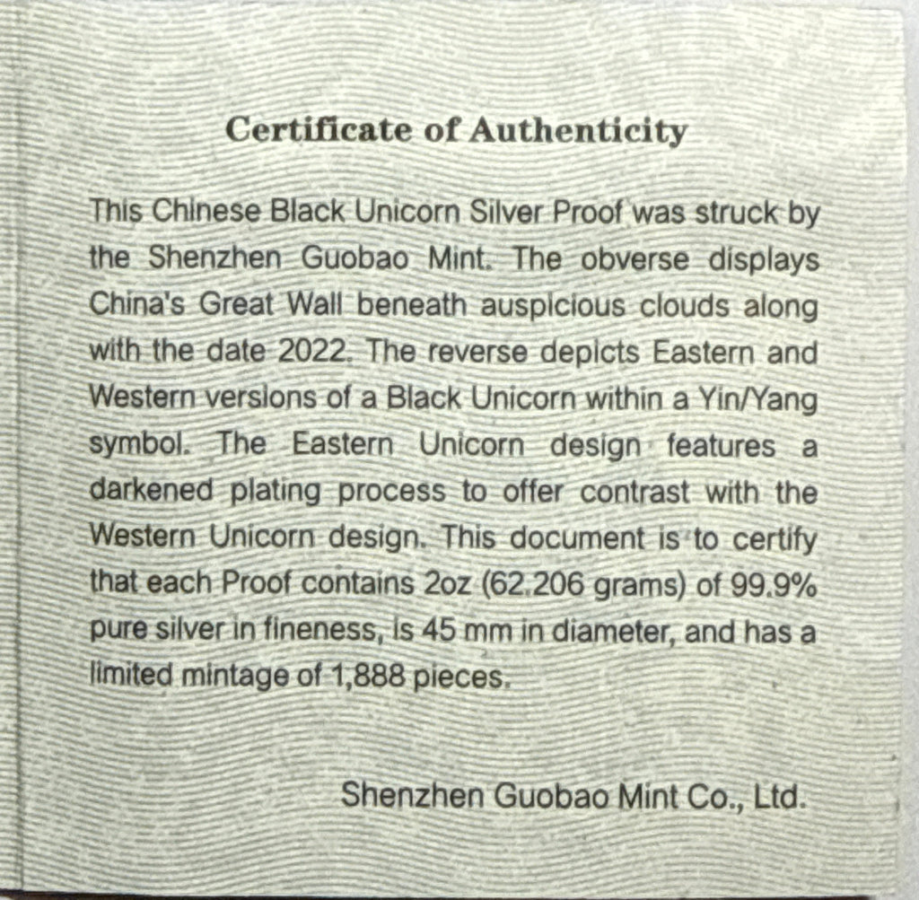 2022 China Silver Black Unicorn-High Relief 2 oz Ag Official Mint Medal NGC FDOI PF70 UCAM