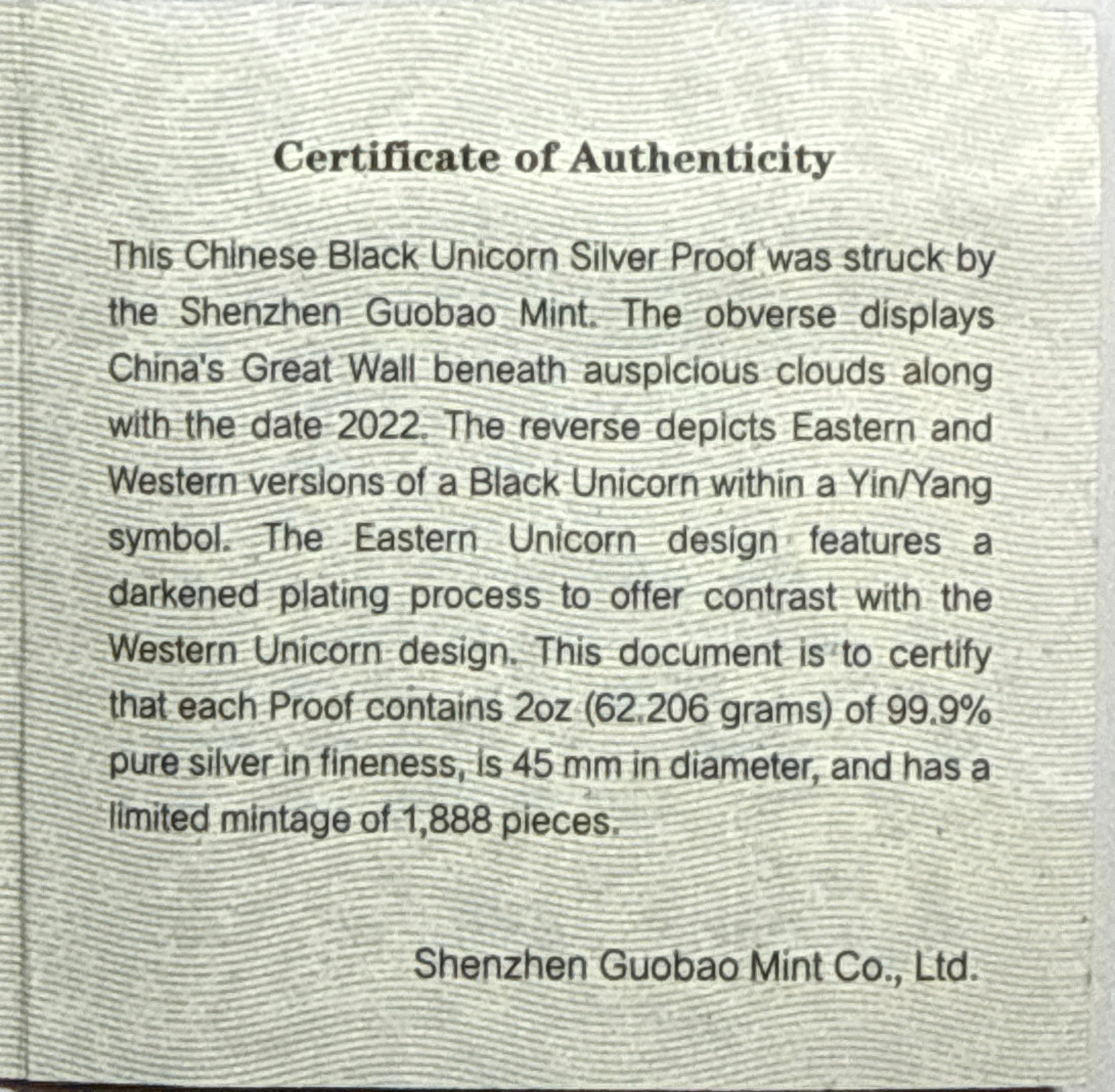 2022 China Silver Black Unicorn-High Relief 2 oz Ag Official Mint Medal NGC FDOI PF70 UCAM
