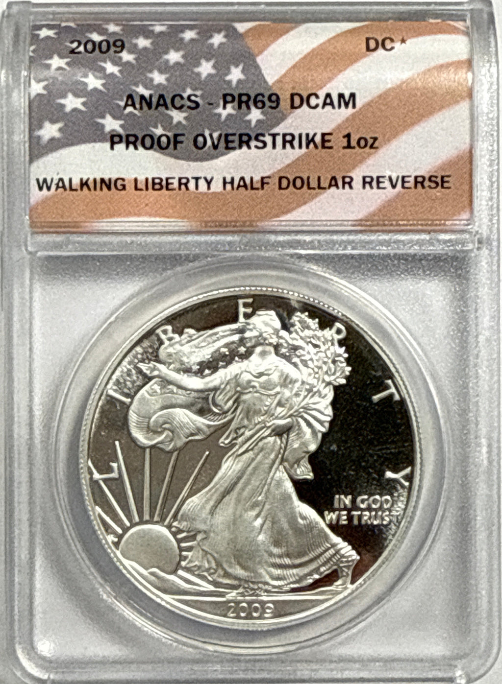 2009 American Silver Eagle ANACS $1 Silver Walking Liberty Half Dollar Reverse PR69 DCAM Proof Overstrike 1oz 2-Coin Box Set