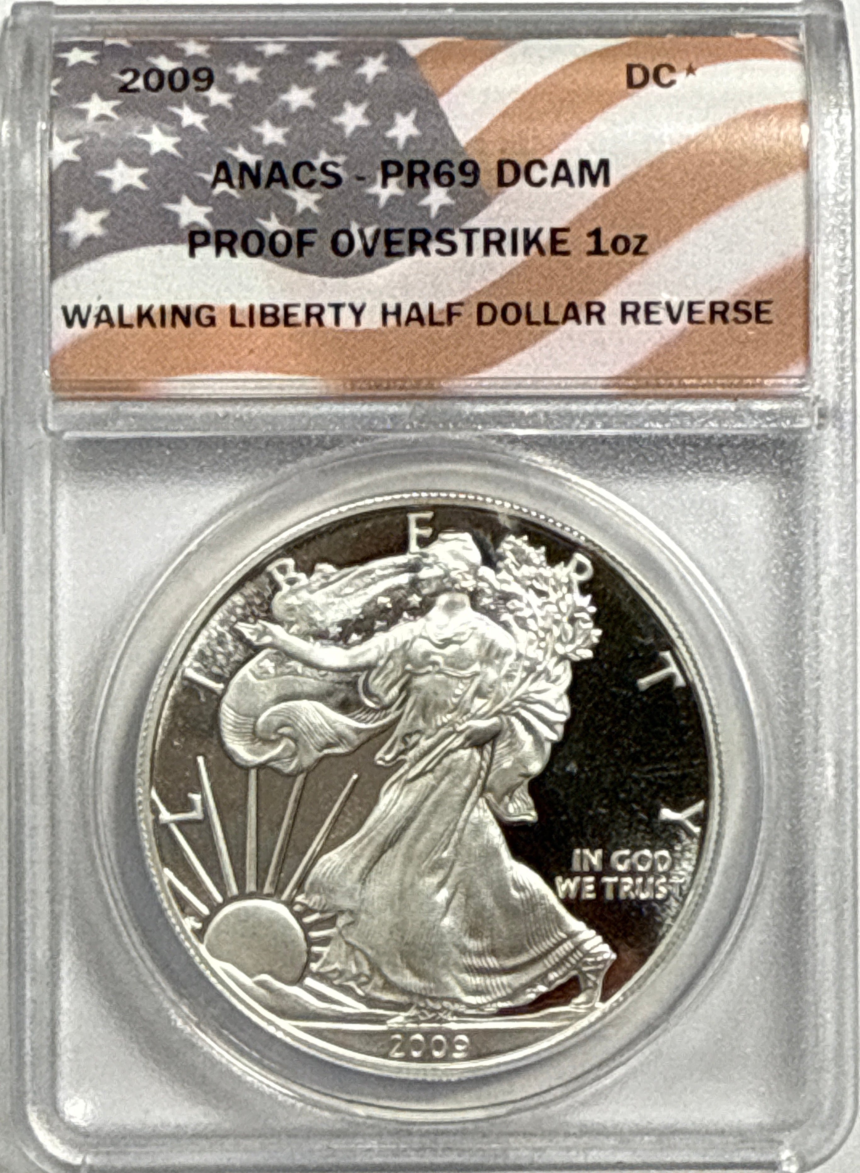 2009 American Silver Eagle ANACS $1 Silver Walking Liberty Half Dollar Reverse PR69 DCAM Proof Overstrike 1oz 2-Coin Box Set