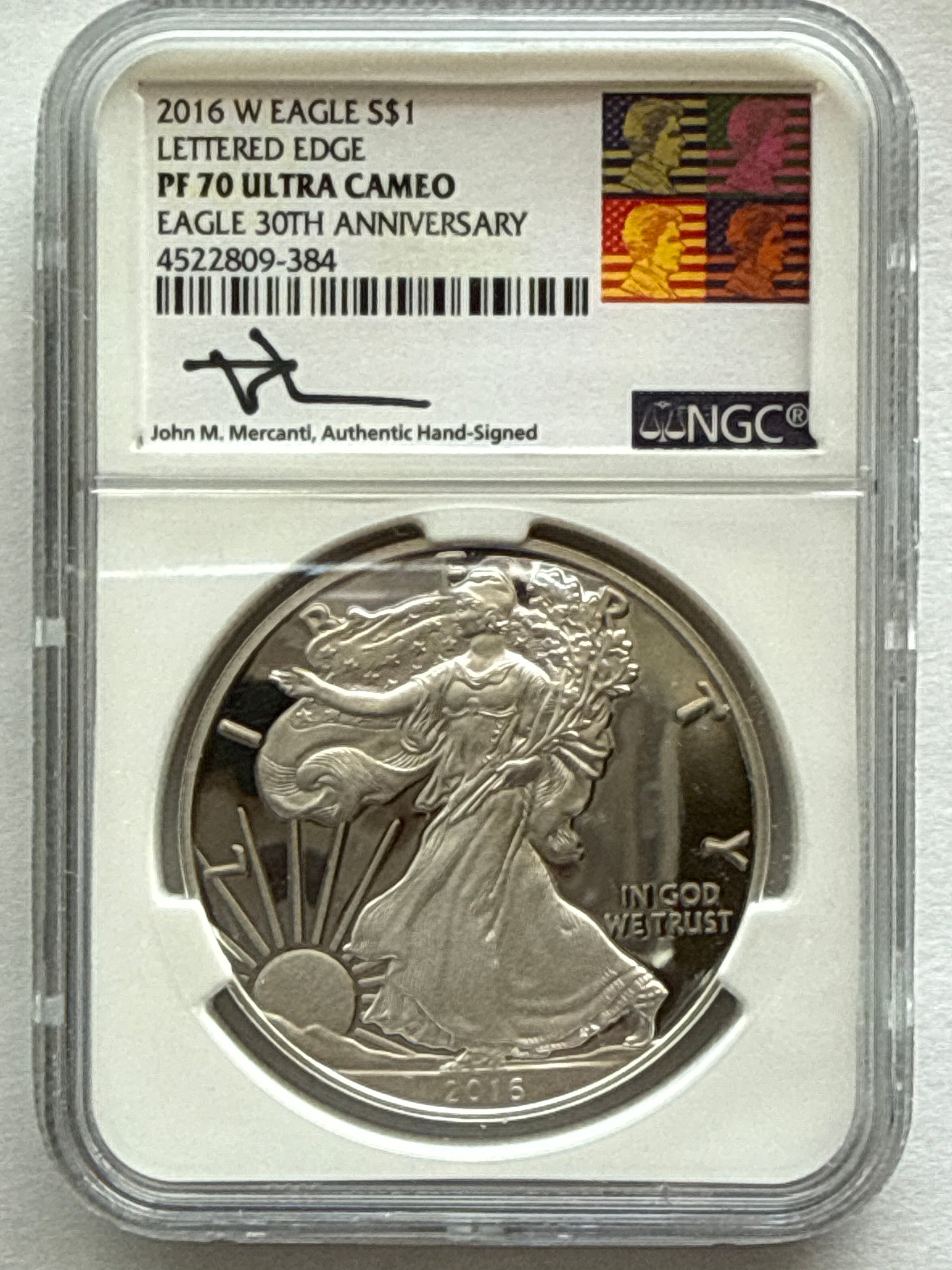 2016-W American Silver Eagle NGC 1 oz PF70 UCAM  J. M. Mercanti hand signed 30th Anniv LE Art Label