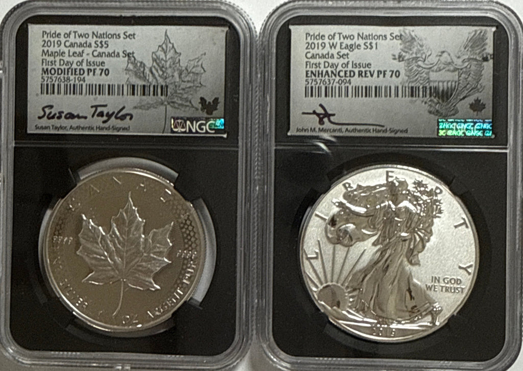 2019 Pride of Two Nations Set Canada $5 Maple Leaf -Canada 2 Coin Box Set with CoA NGC FDI Modified PF70 Susan Taylor. 2019-W Pride of Two Nations American Silver Eagle $1  Canada Set FDI Enhanced Rev PF70 John Mercanti.