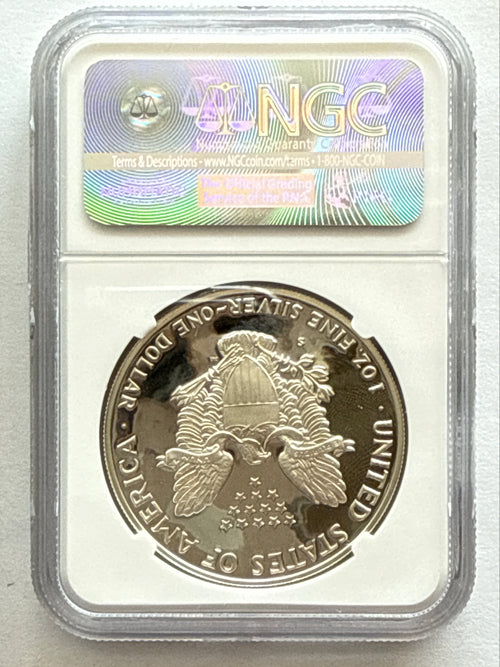 1988-S American Silver Eagle NGC 1 oz PF70 UCAM  J. M. Mercanti hand signed pop #4 Art Label