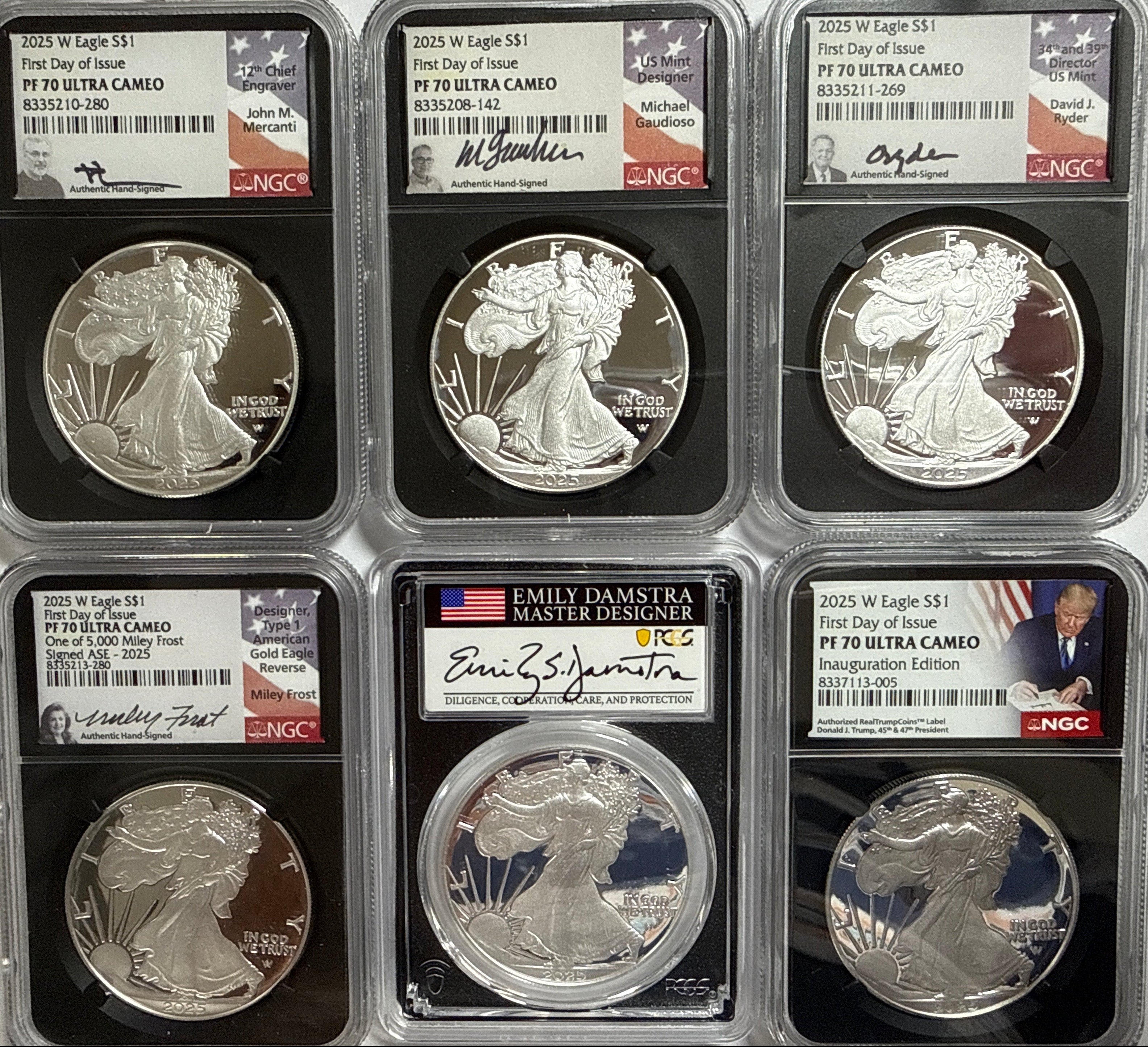 2025-W American Silver Eagle 6 Piece Set NGC PF70 UCAM FDOI FL Mercanti/Gaudioso/Ryder/Frost/Damstra/Trump