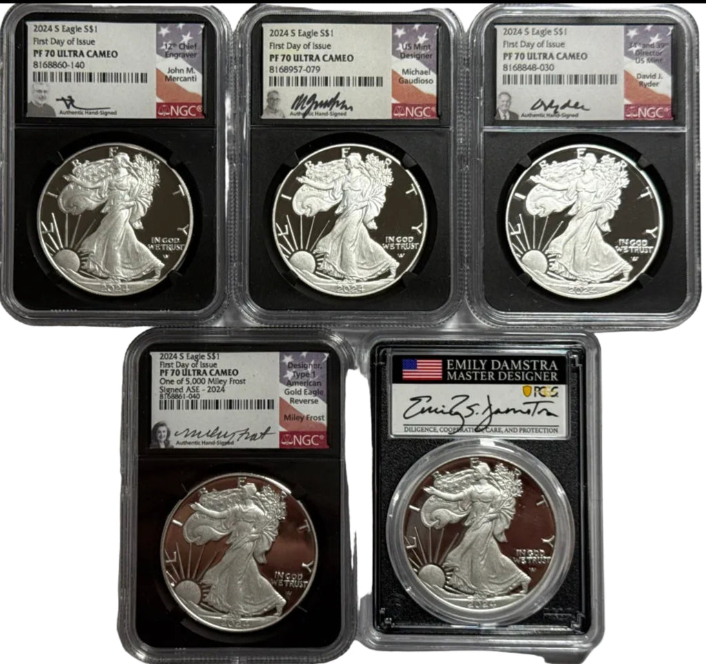 2024-S American Silver Eagle 5 Coin Set NGC FDOI PF70 UCAM/PR70 DCAM Gaudioso/Mercanti/Ryder/Frost/Damstra