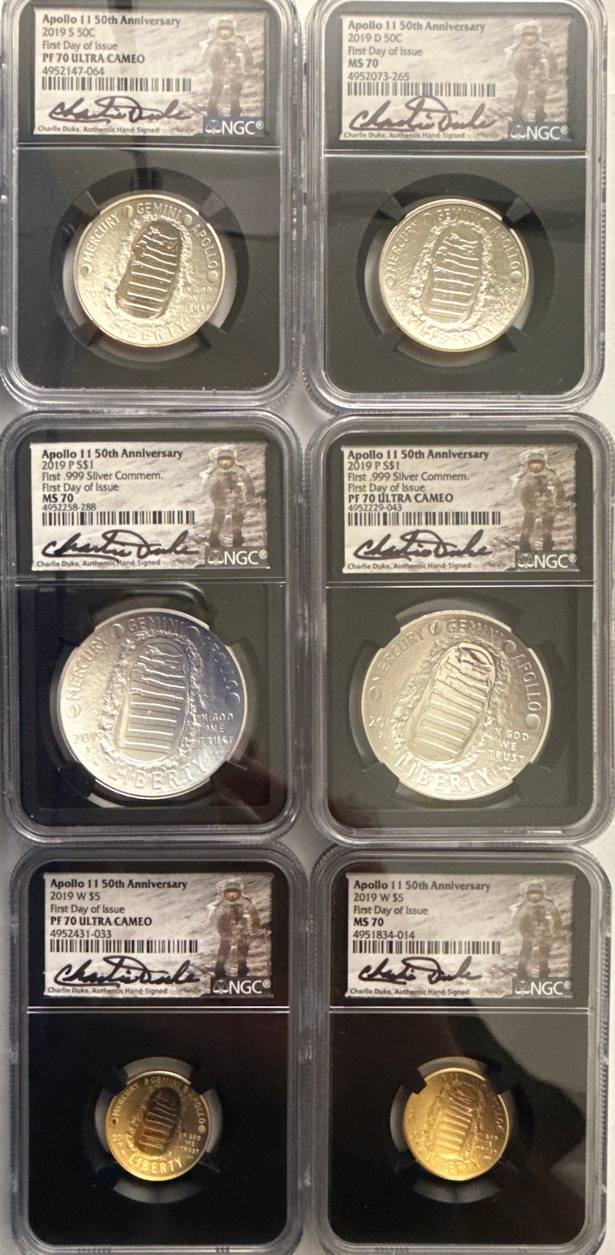 Vintage Vault: 2019 Apollo 11 Silver D/S/P 50C/$1 FDI MS70/PF70 UCAM NGC: Gold W $5 FDI MS70/PF70 UCAM NGC Charlie Duke Hand-Signed