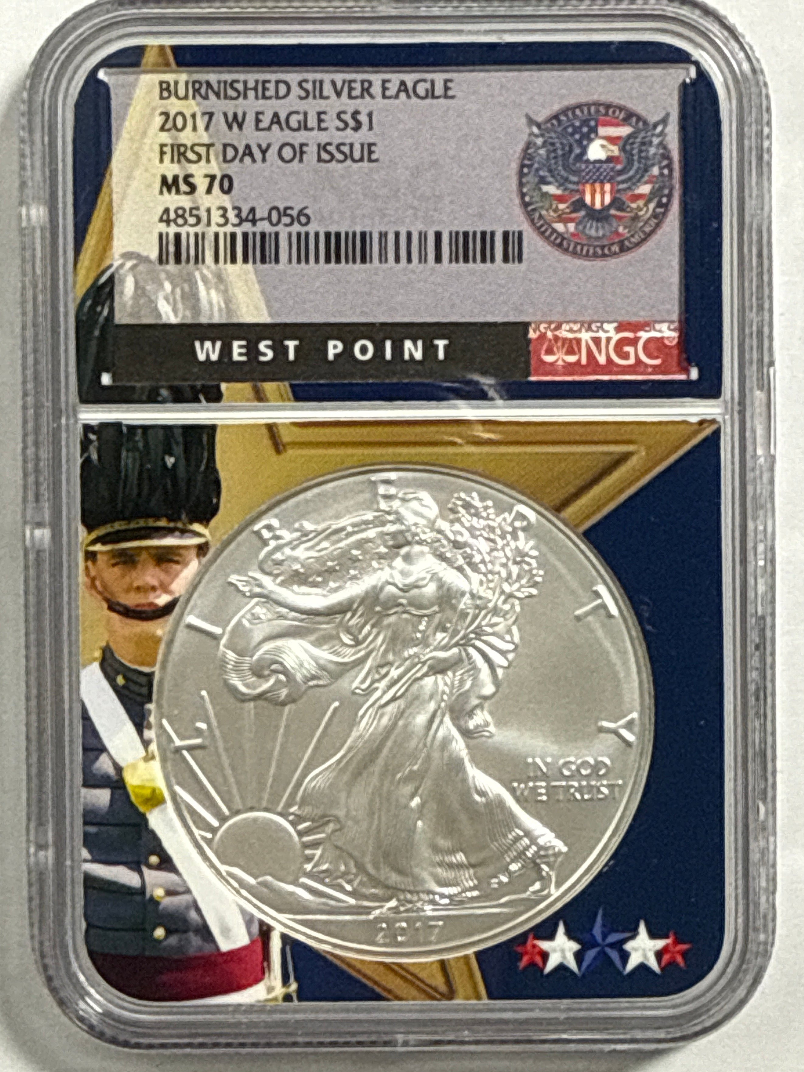 2017-W Burnished American Silver Eagle NGC MS70 FDOI West Point Label