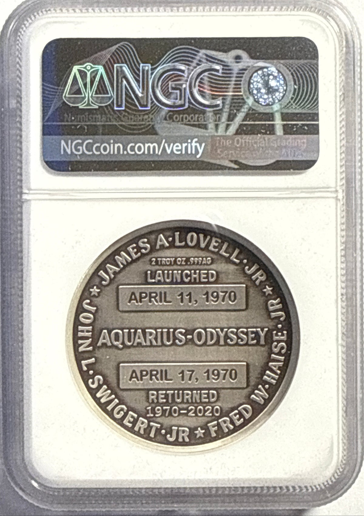 Vintage Vault: 2020 Apollo 13 2 oz Silver 50th Anniversary Robbins Medal Restrike With Space Flown Material NGC MS70