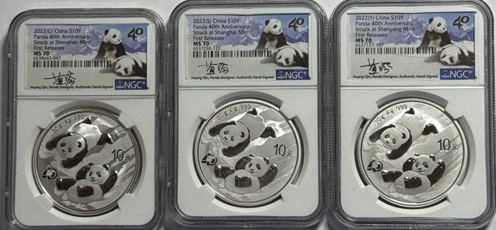 2022 (G/S/Y) China Silver Panda 10 Yuan 40th Anniversary 3-Coin Box Set  NGC First Release MS70 Struck at(Shenzhen/Shanghai/Shenyang Mints) Huang Qin