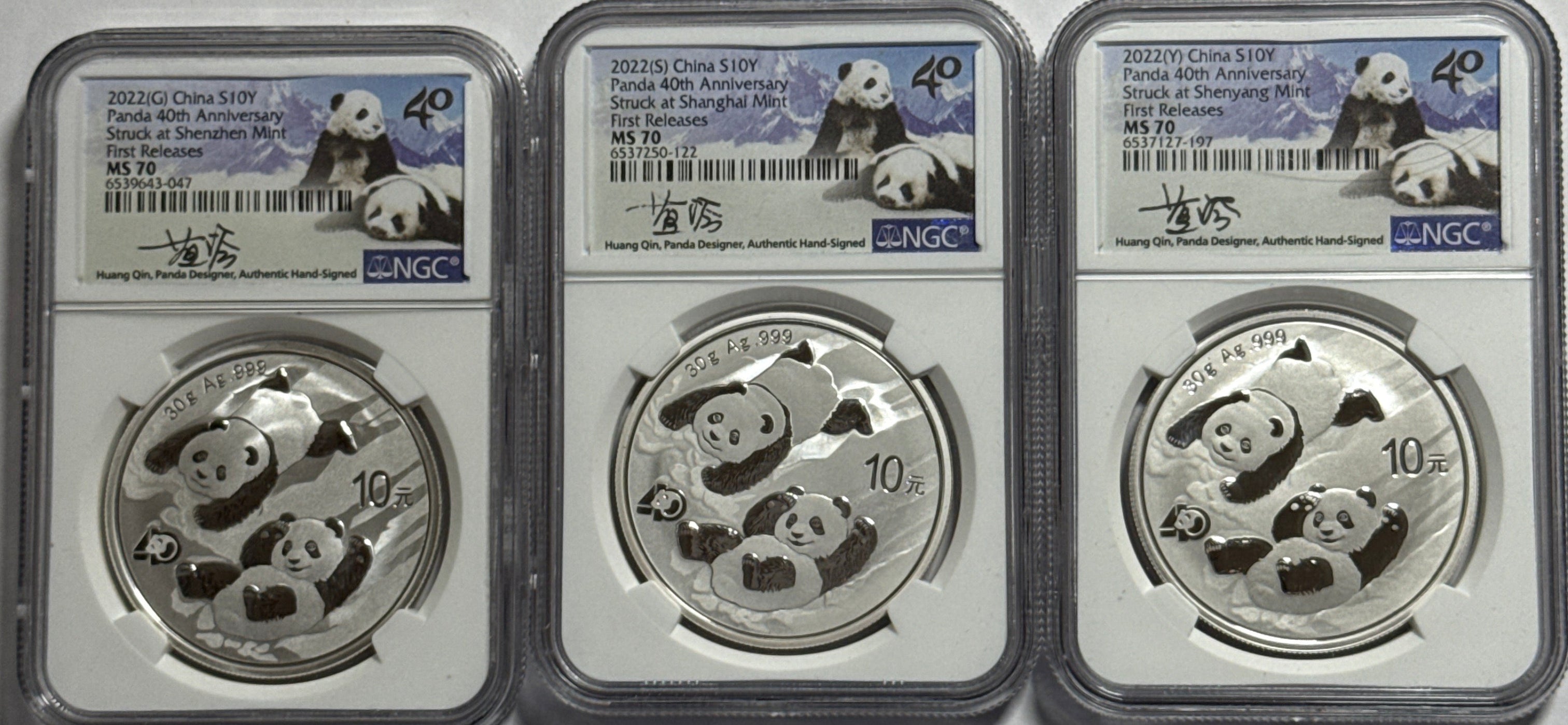 2022 (G/S/Y) China Silver Panda 10 Yuan 40th Anniversary 3-Coin Box Set  NGC First Release MS70 Struck at(Shenzhen/Shanghai/Shenyang Mints) Huang Qin