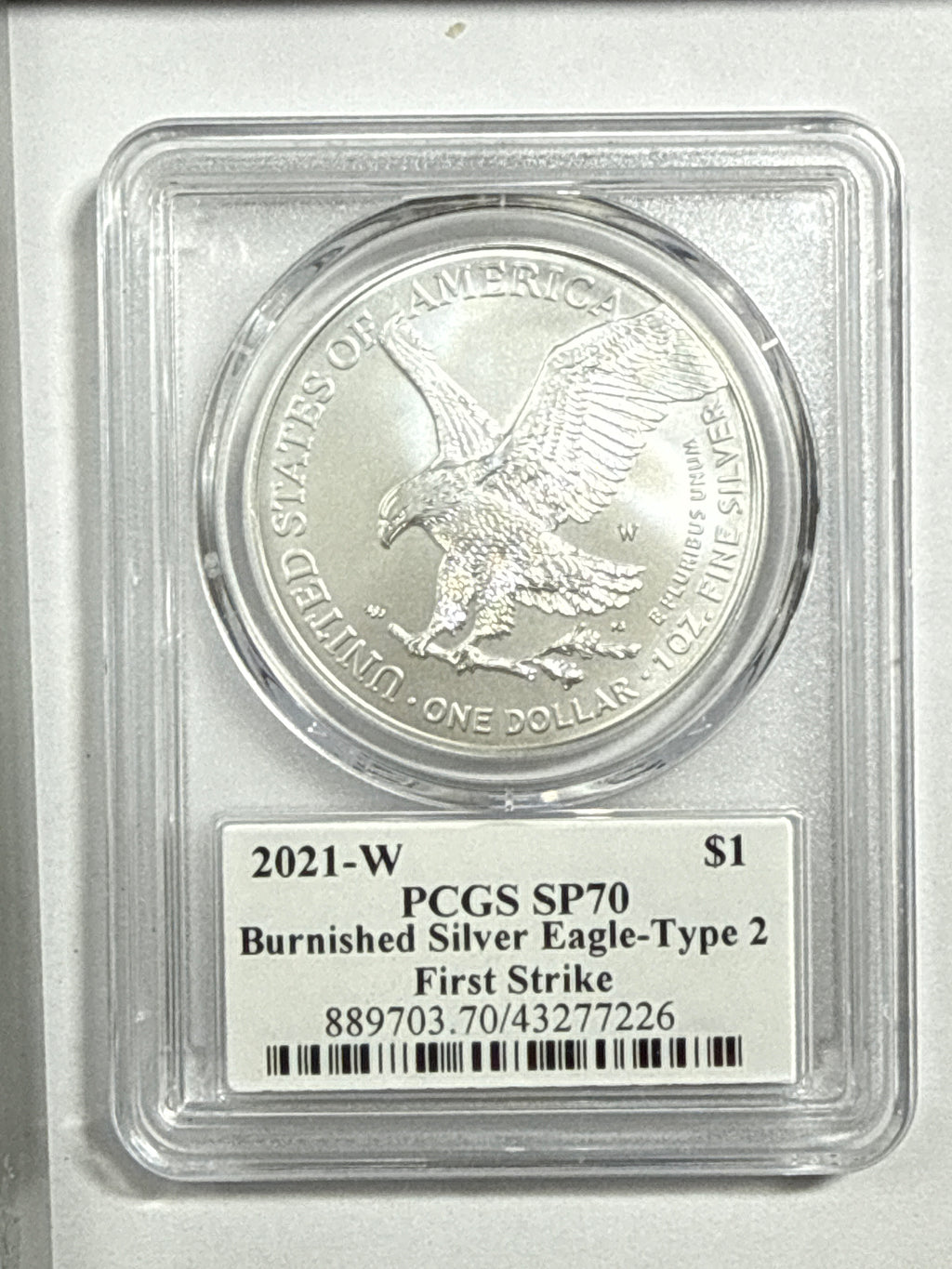 2021-W Burnished American Silver Eagle Type 2 PCGS SP70 First Strike FL Emily Damstra