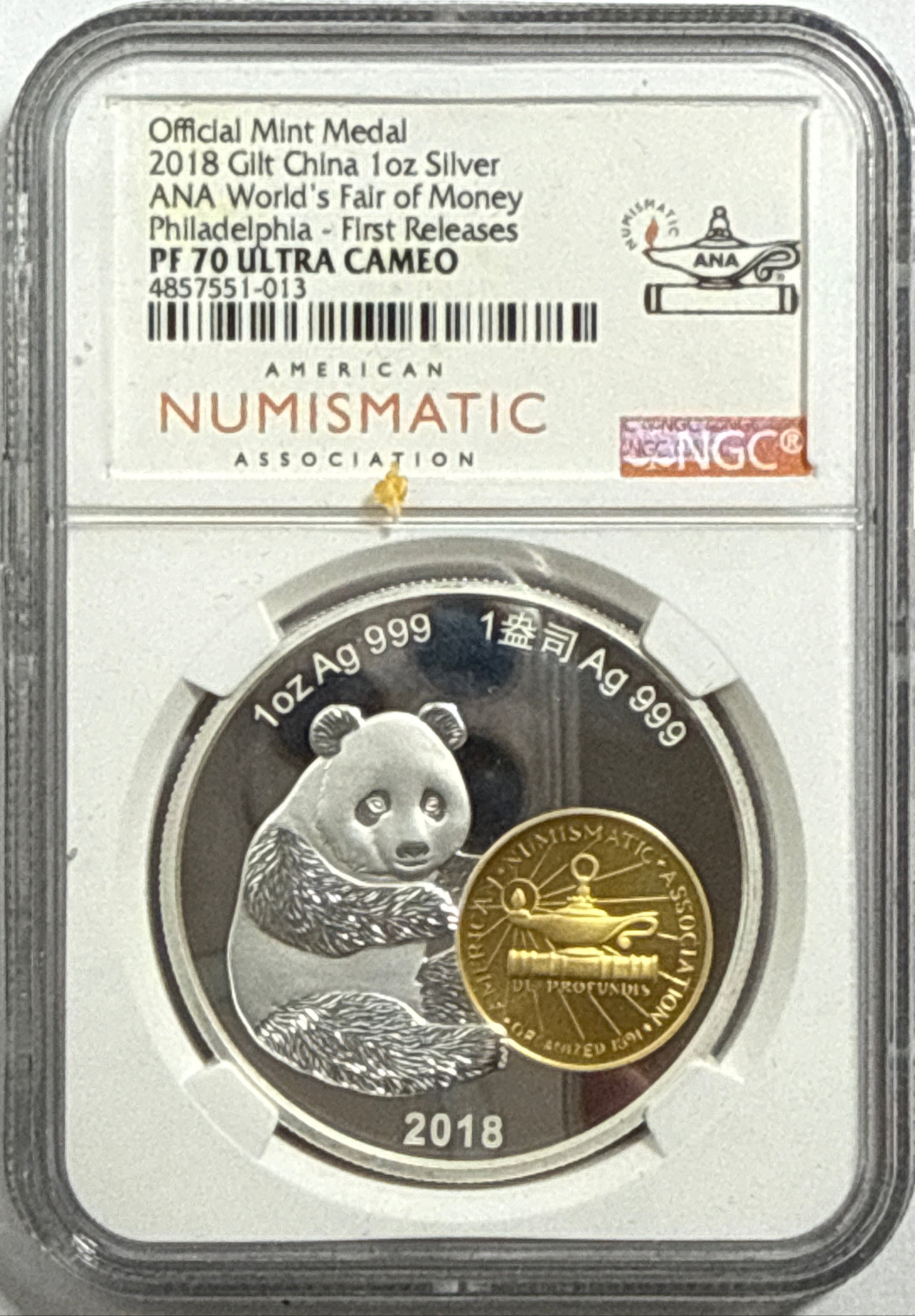 2018 Gilt China 1 oz Sliver Panda Official Mint Medal ANA World's Fair of Money Philadephia -First Release NGC PGF70 UCAM Box & CoA