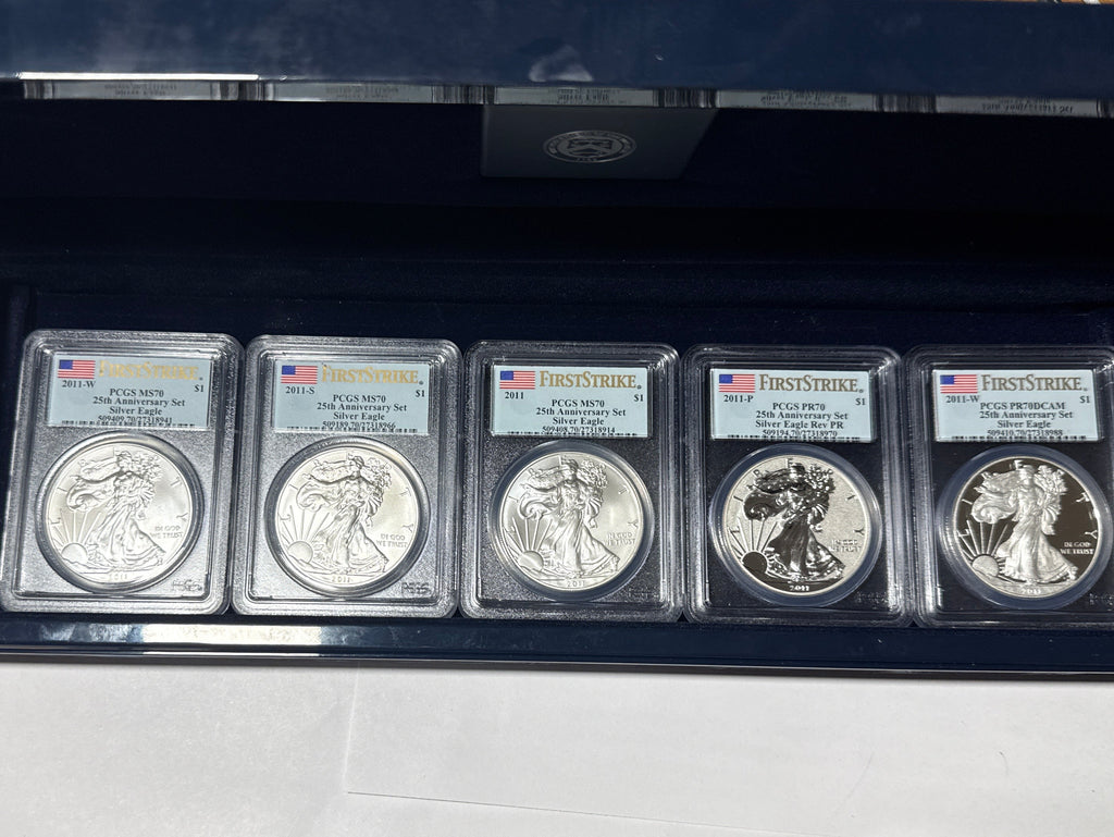 2011  Silver Eagle PCGS First Strike 5- piece set 25th Anniversary with Display Box