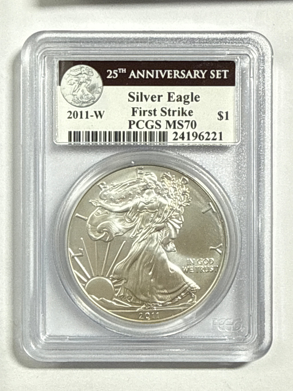 2011-W Burnished American Silver Eagle PCGS SP70 First strke West Point Label 25th Anniversary Set.
