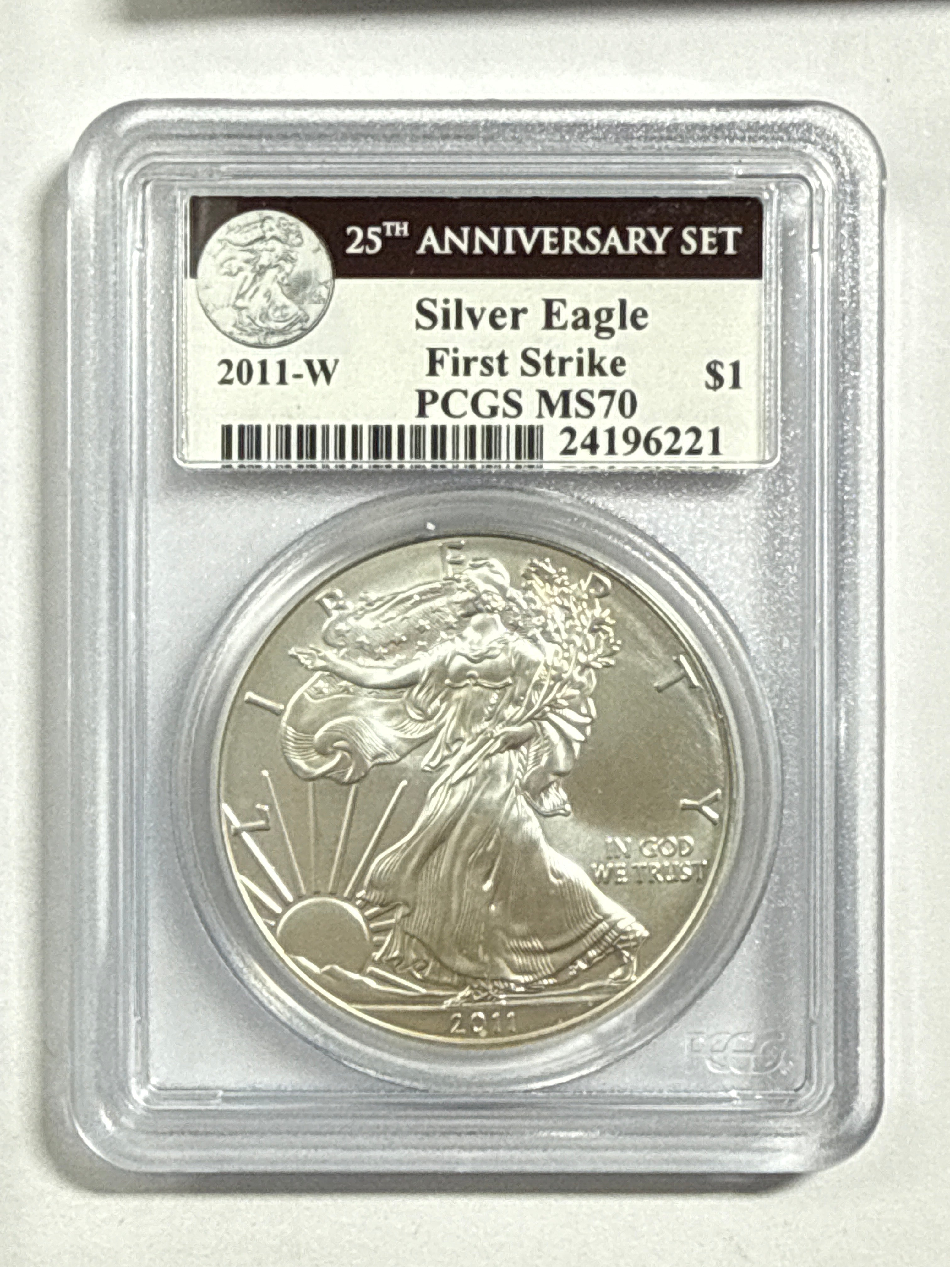 2011-W Burnished American Silver Eagle PCGS SP70 First strke West Point Label 25th Anniversary Set.