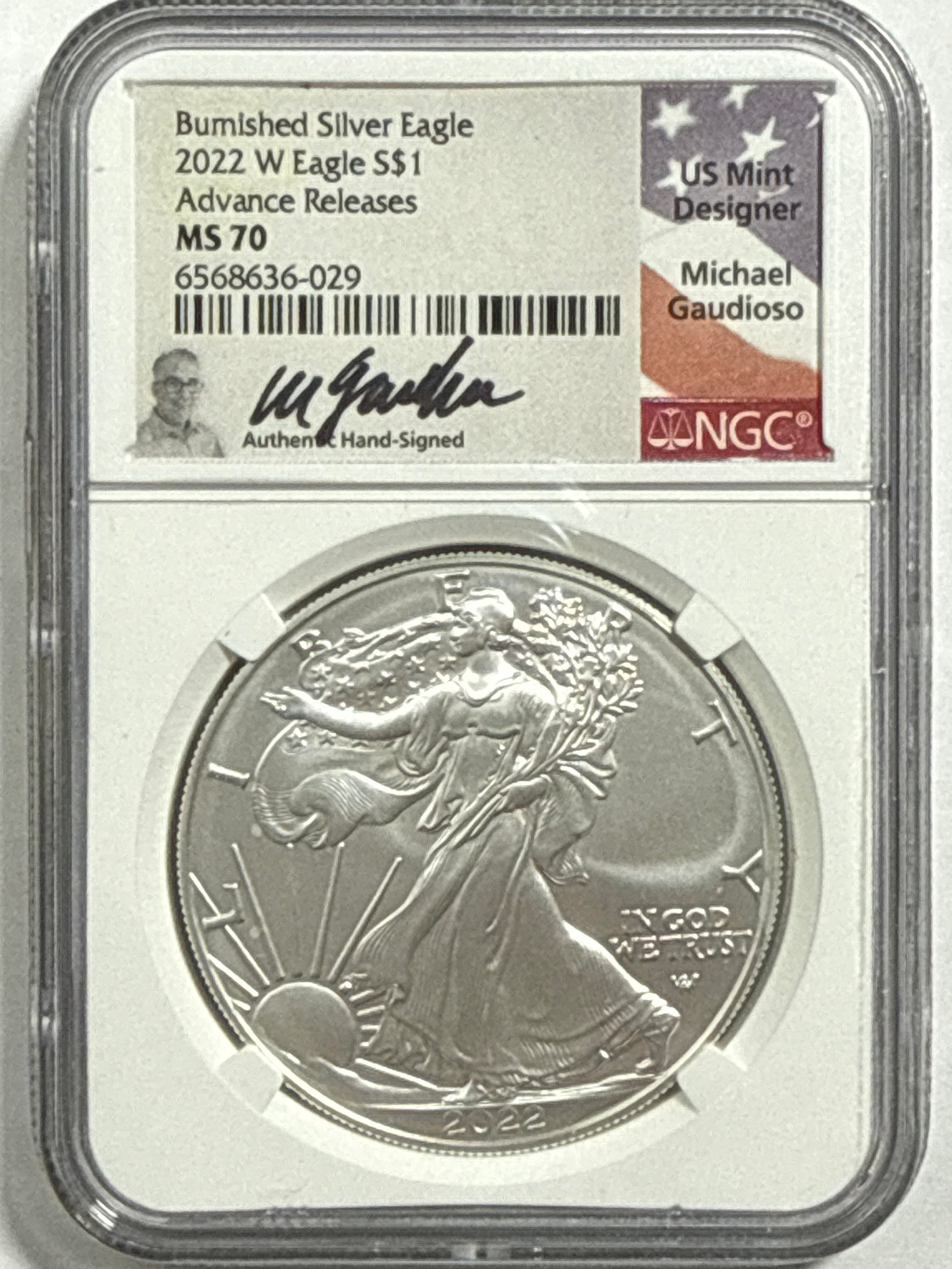 2022-W Burnished American Silver Eagle NGC MS70 Advance Release  Michael Gaudioso Hand Signed