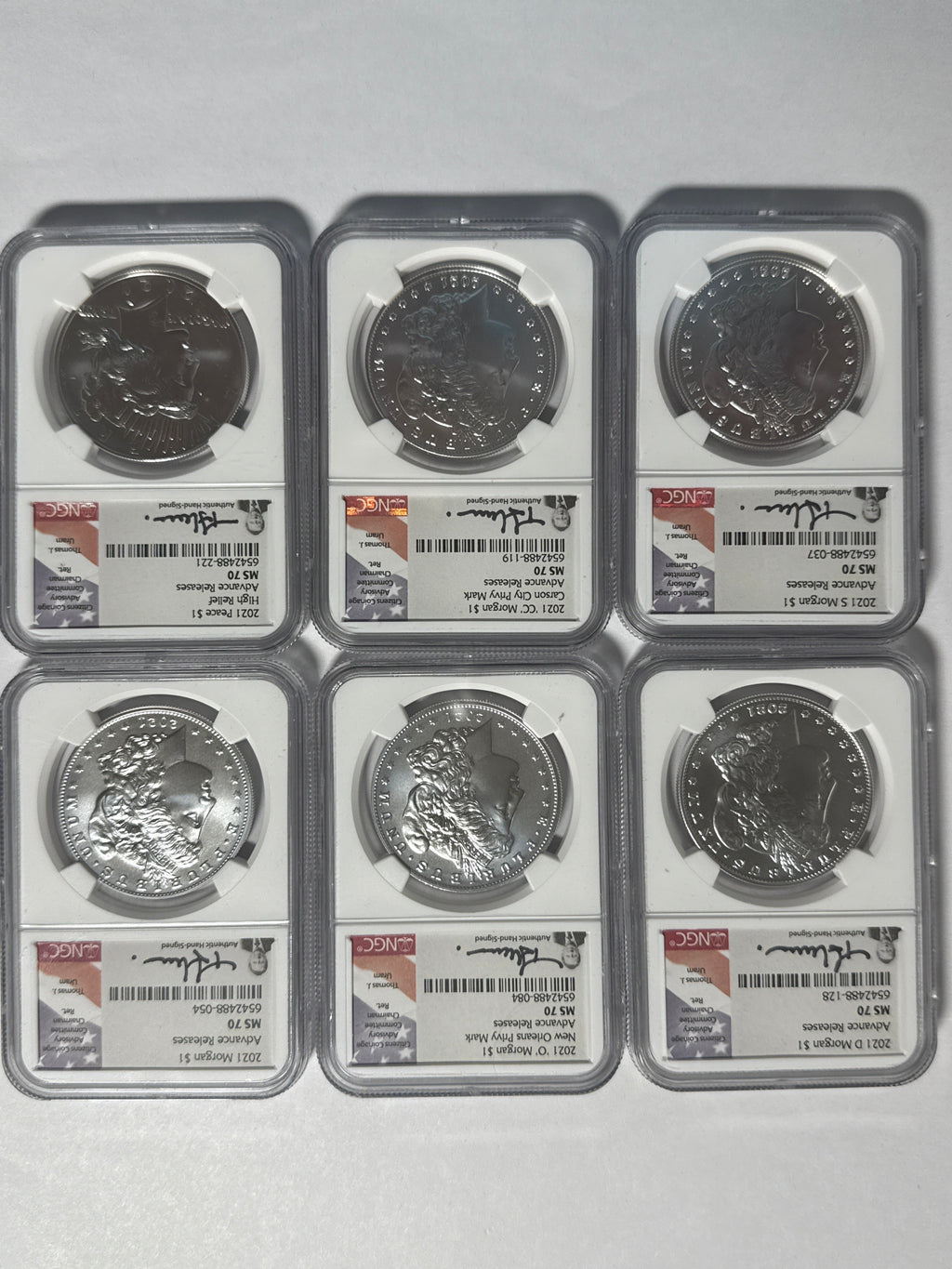 2021-CC/D/O/P/S Morgan/Peace Silver Dollar 6 piece set NGC MS70 Advance Release Thomas Uram Hand Signed