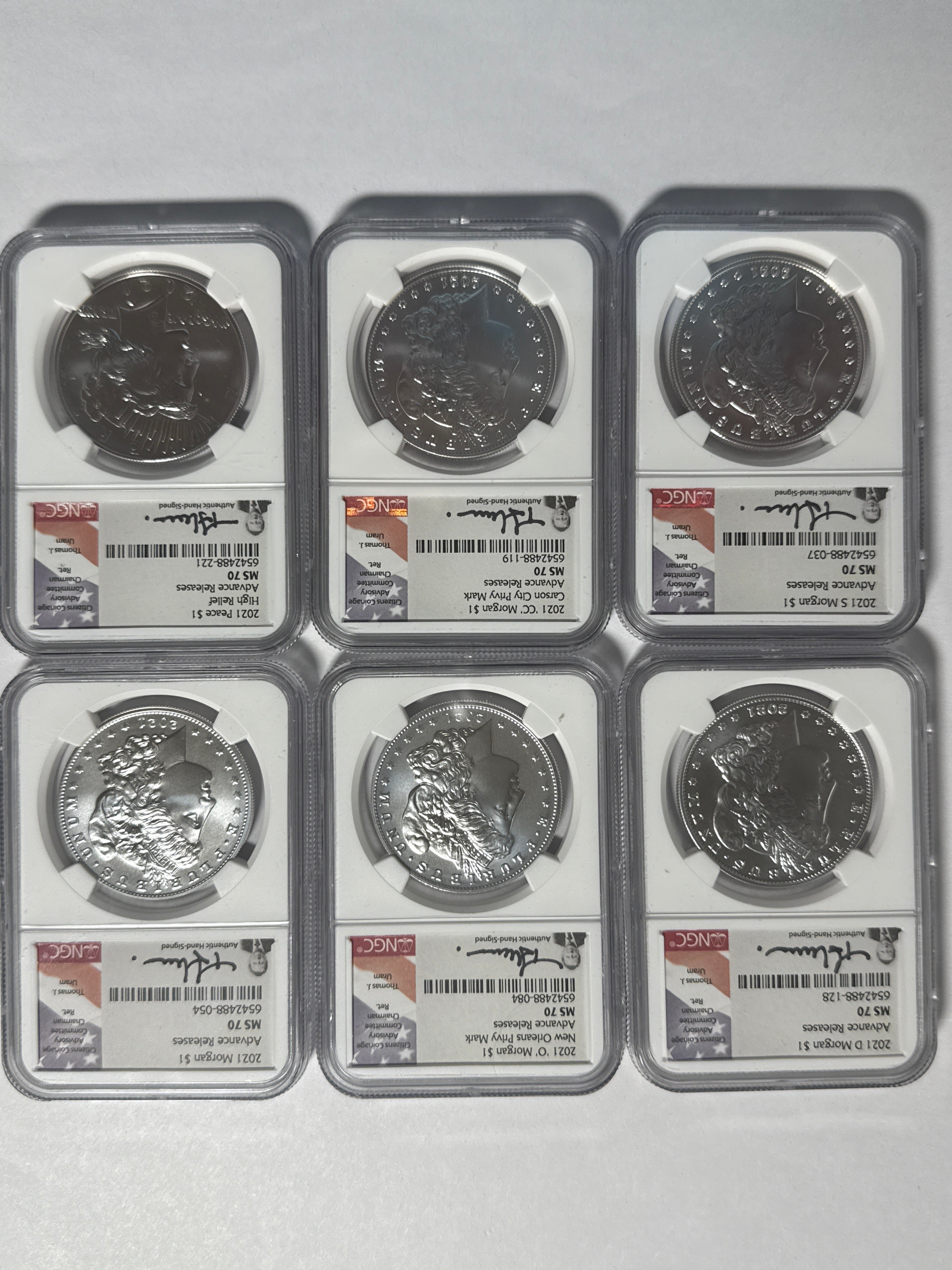 2021-CC/D/O/P/S Morgan/Peace Silver Dollar 6 piece set NGC MS70 Advance Release Thomas Uram Hand Signed