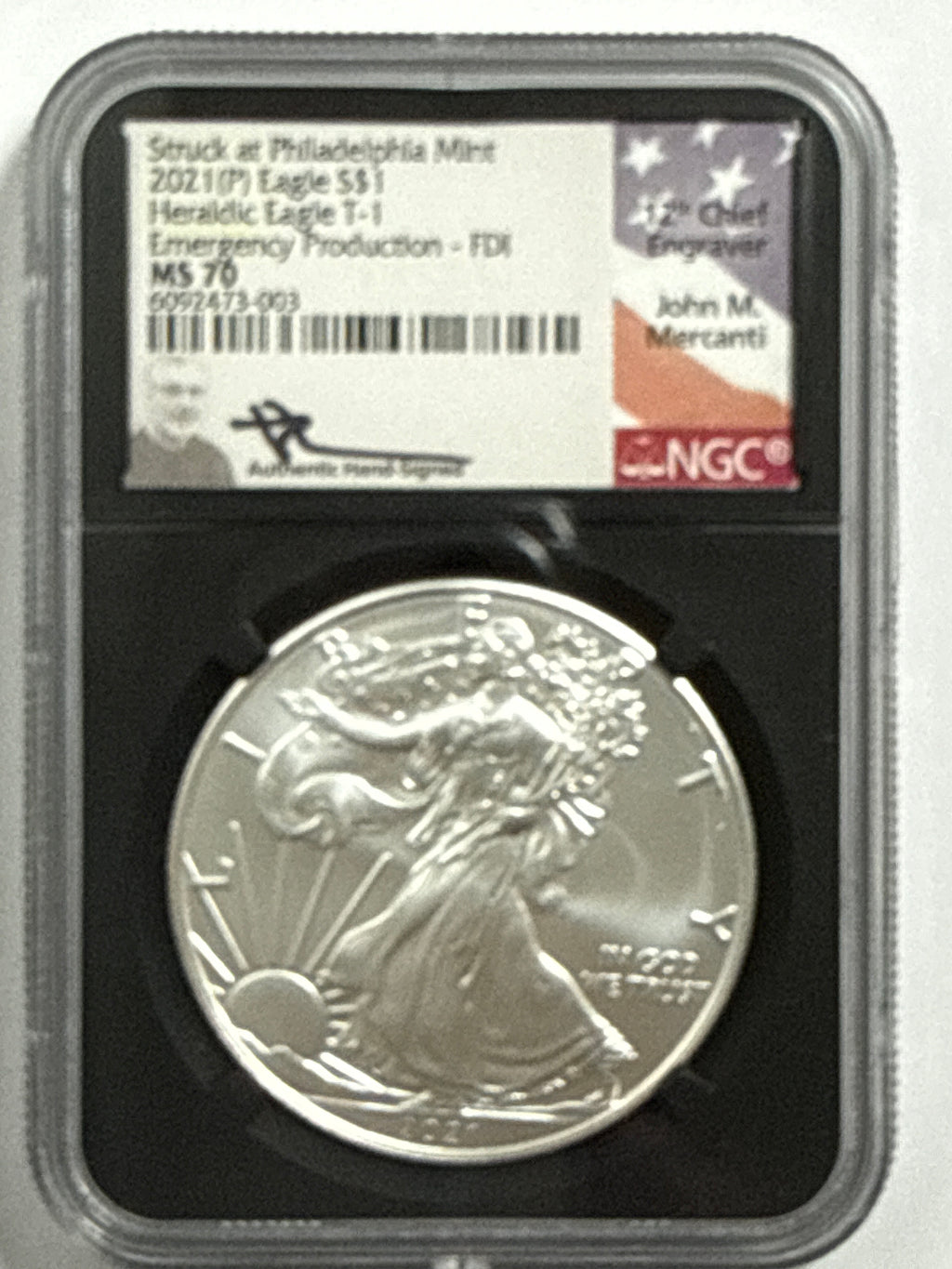 2021 (P) American Heraldic Silver Eagle T-1 Emergency Production 3-Coin Box Set NGC FDOI MS70 Mercanti/Jones/Moy