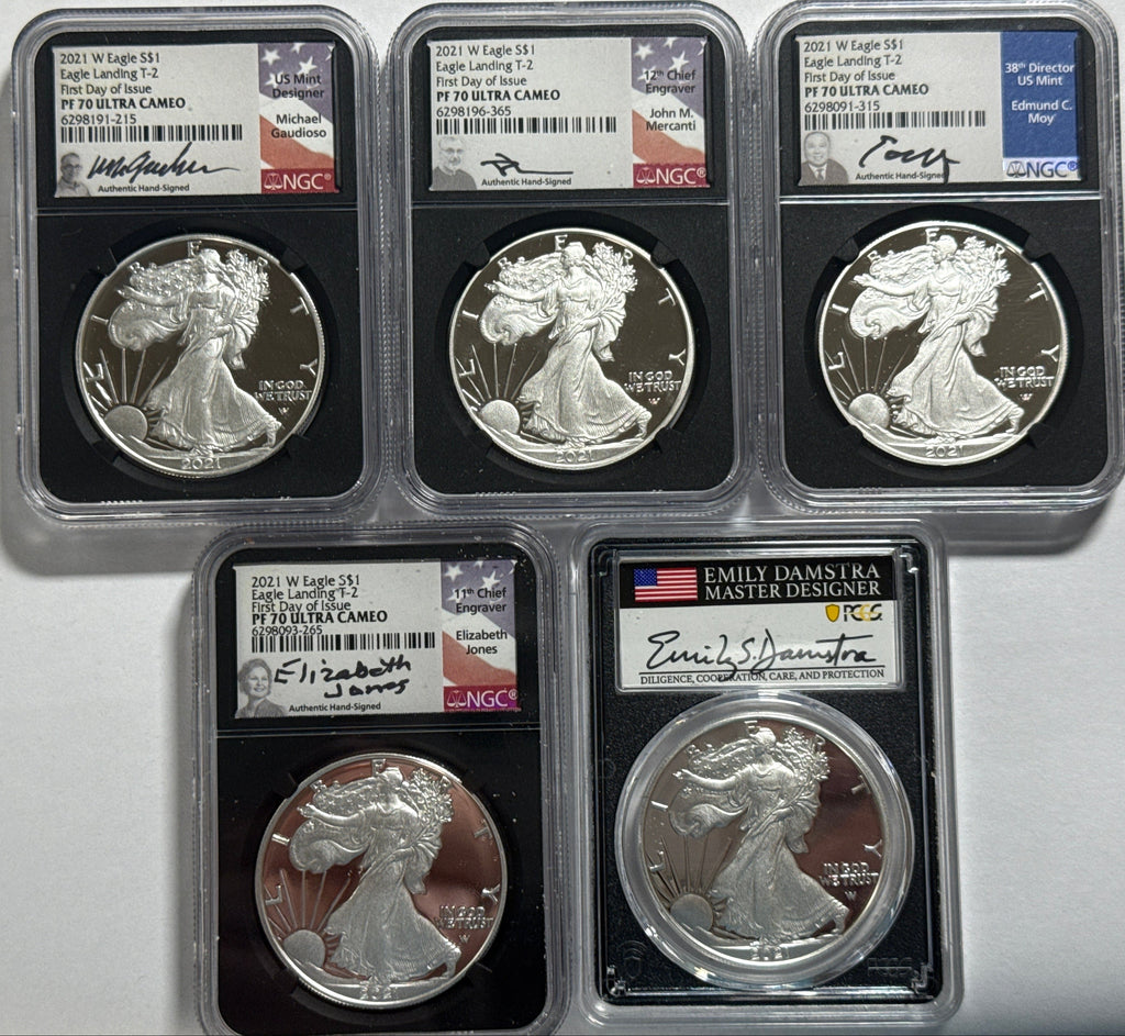 2021-W American Silver Eagle T-2 5 Piece Set NGC FDOI PF70 UCAM Mercanti/Gaudioso/Jones/Moy/Damastra Hand Signed
