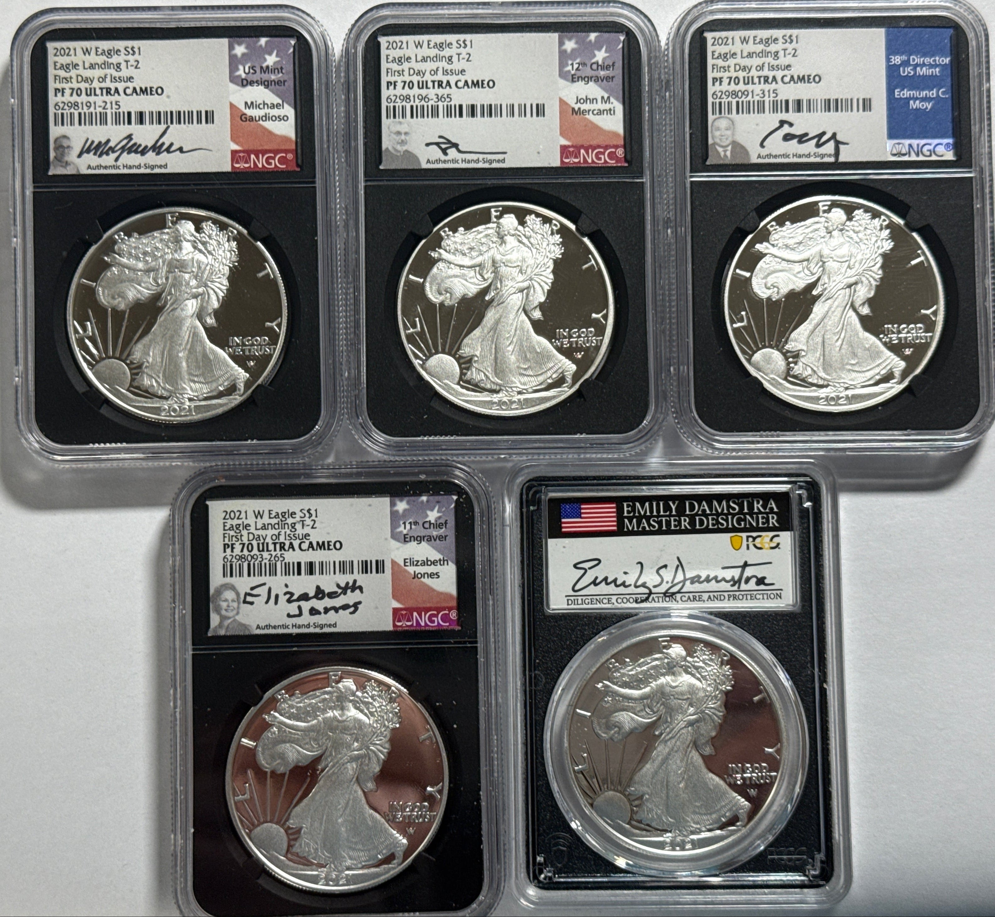 2021-W American Silver Eagle T-2 5 Piece Set NGC FDOI PF70 UCAM Mercanti/Gaudioso/Jones/Moy/Damastra Hand Signed
