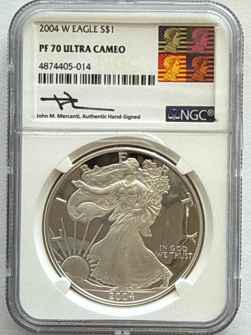 2004-W American Silver Eagle NGC 1 oz PF70 UCAM  J. M. Mercanti hand signed pop #14 Art Label