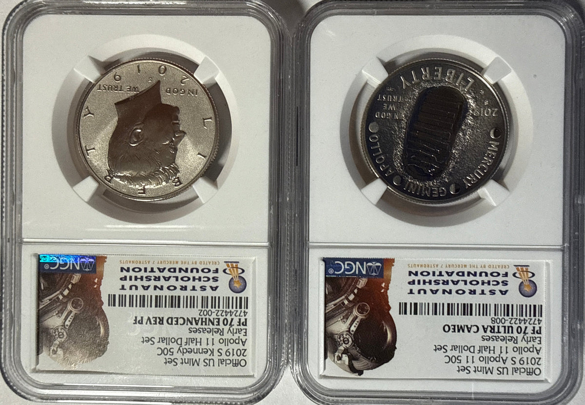 Vintage Vault: 2019-S Appollo 11 50C Half Dollar Set ER PF70 UCAM NGC Kennedy 50C Appollo 11 Half Dollar Set ER PF70 ENCH REV PF NGC 2-Coin Box Set.