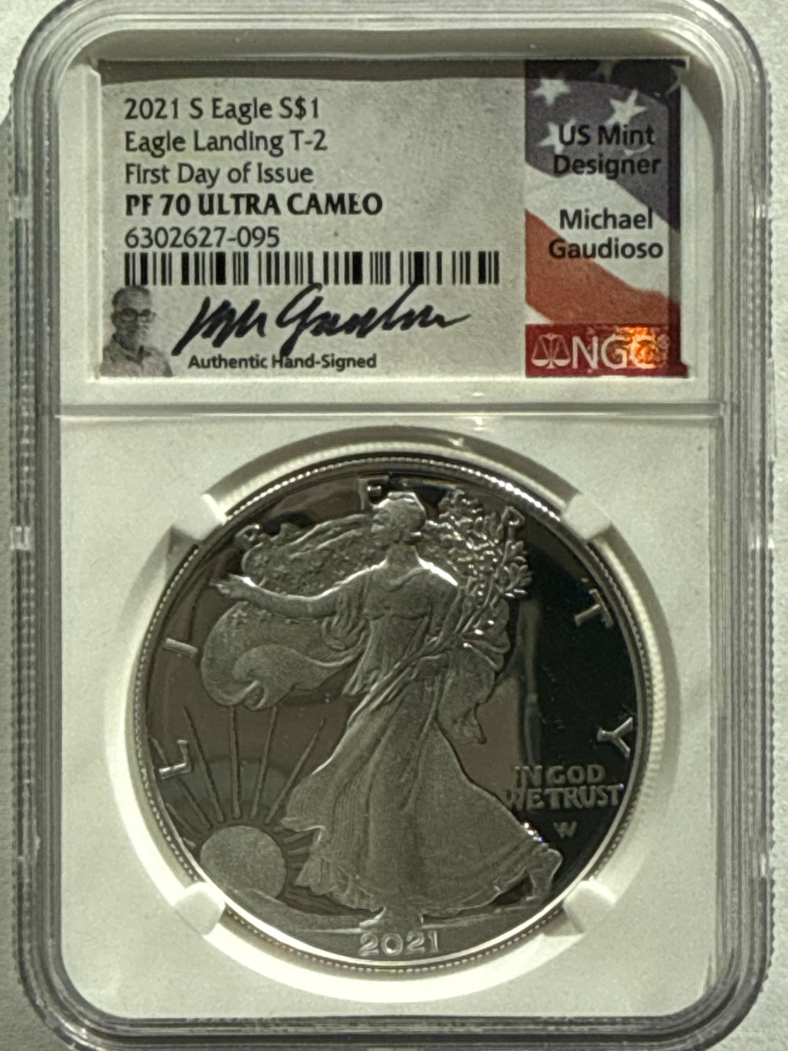 2021-S SAmerican Silver Eagle NGC PF70 UCAM FDOI Eagle Landing T-2 M. Gaudioso